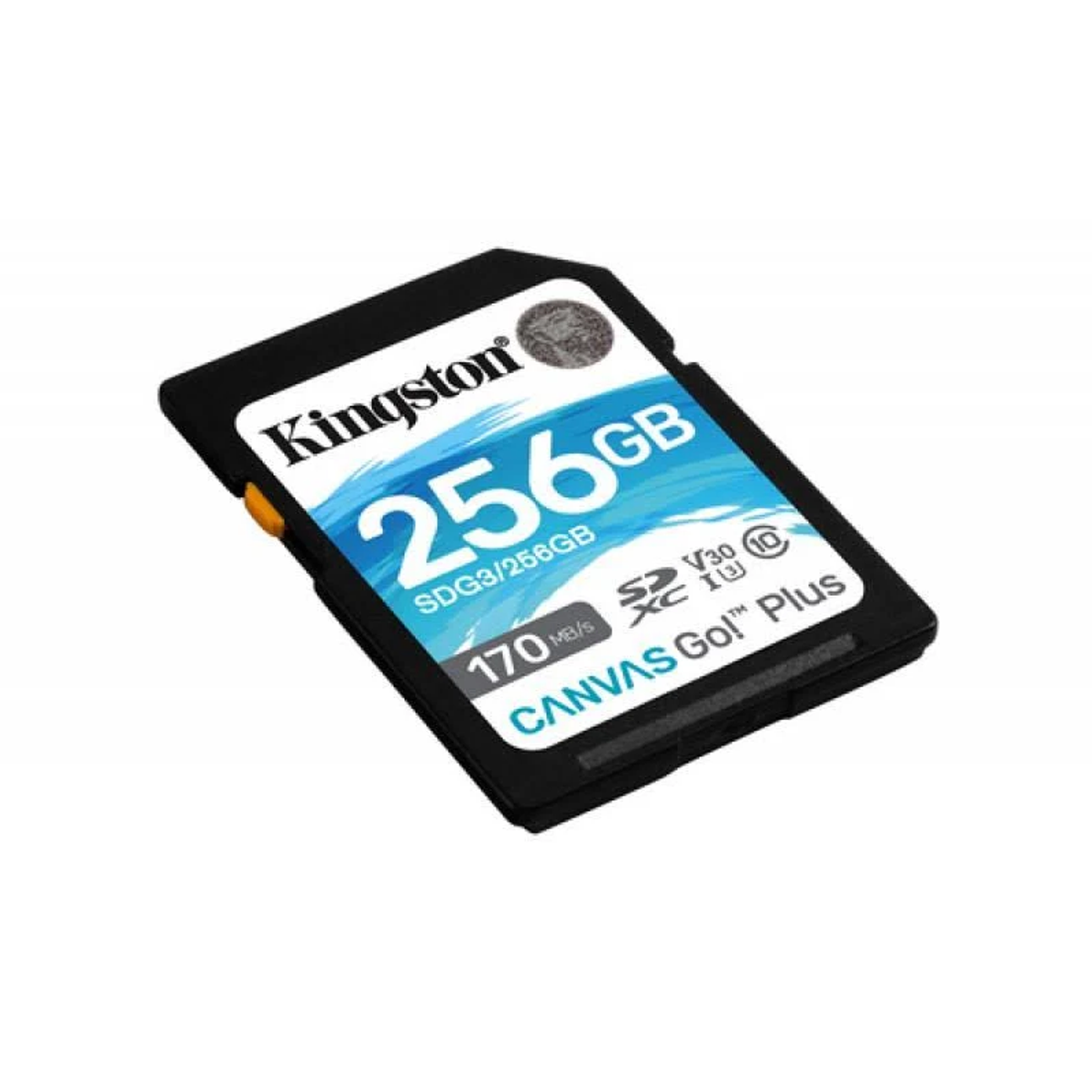 Tarjeta SD Kingston de 256 GB negra. Texto muestra: 170MB/s, SDXC, Canvas Go! Plus.