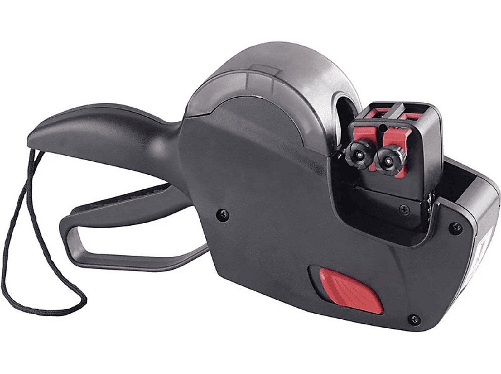 Étiqueteuse noire avec bouton rouge et cordon noir.