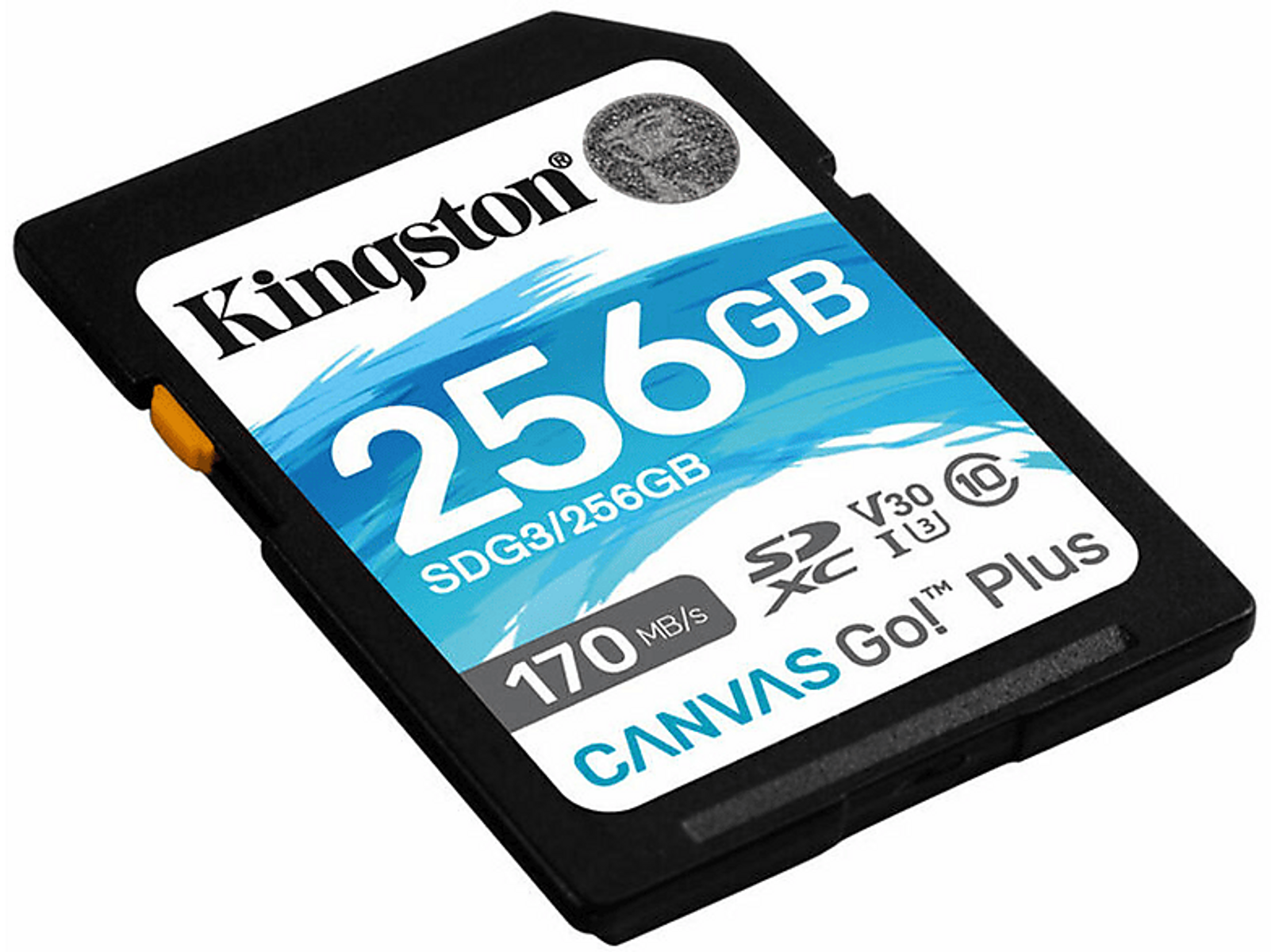Tarjeta SD Kingston de 256GB. Negra con etiqueta blanca y detalles azul/turquesa.