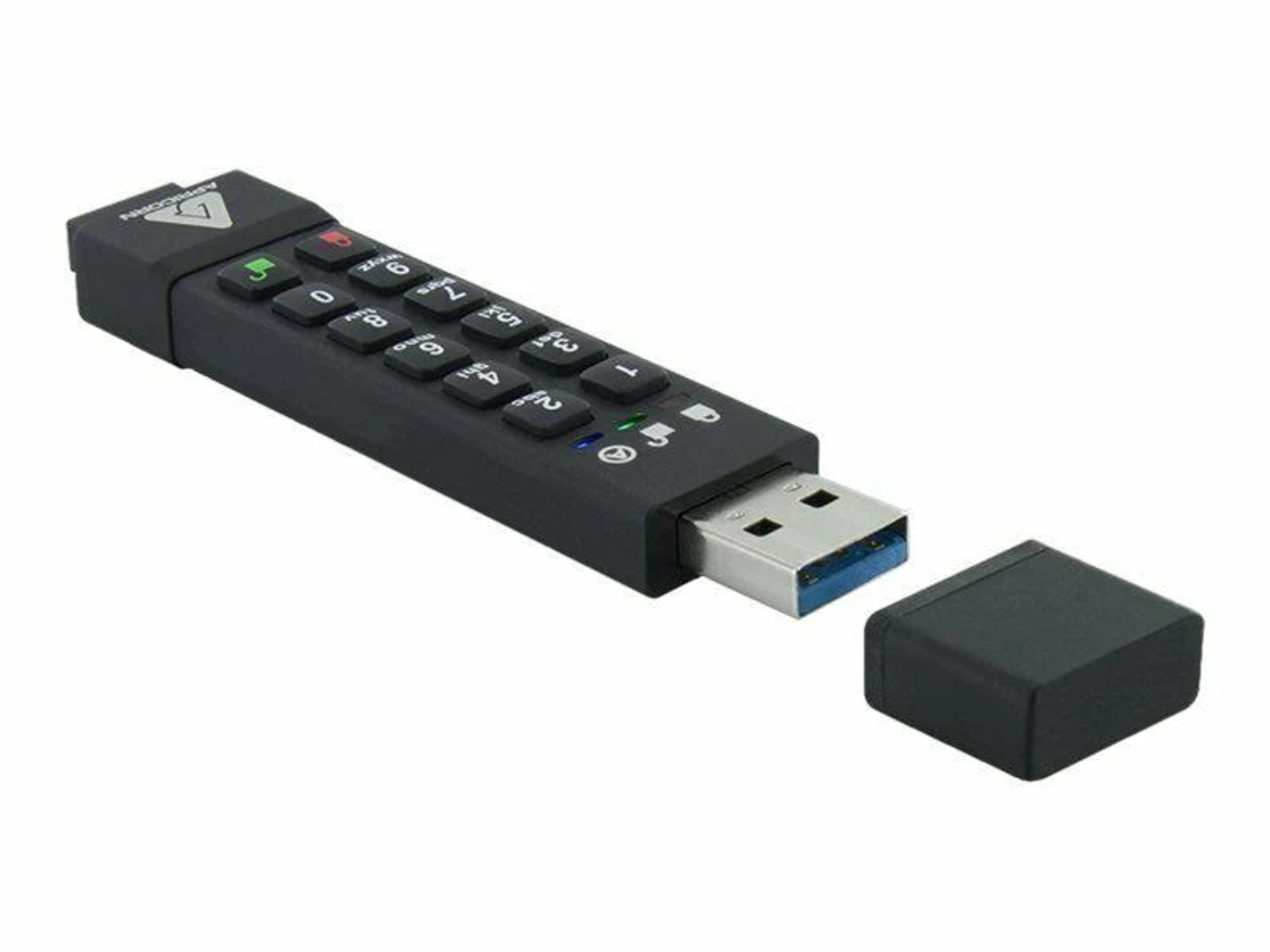 Czarny pendrive z klawiaturą. Złącze USB jest wysunięte.