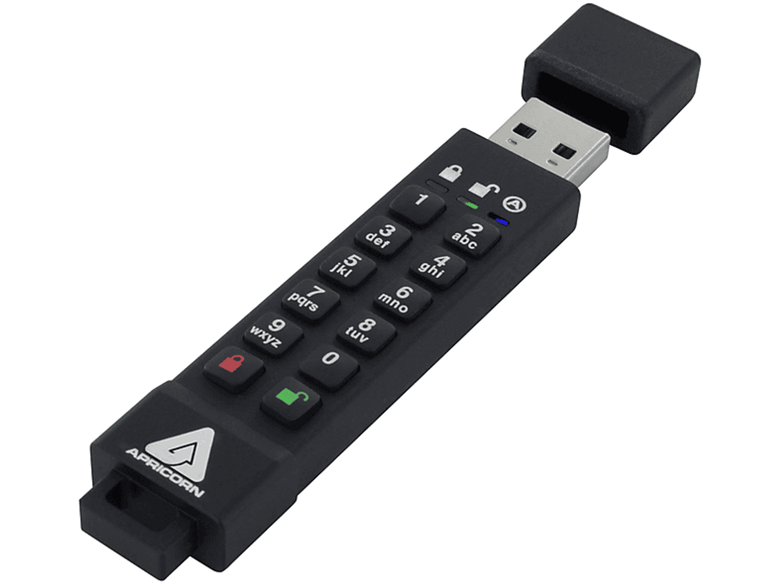 Czarny pendrive Apricorn. Klawiatura numeryczna ze złączem USB. Zamek i logo Apricorn. Czarna nasadka otwarta.