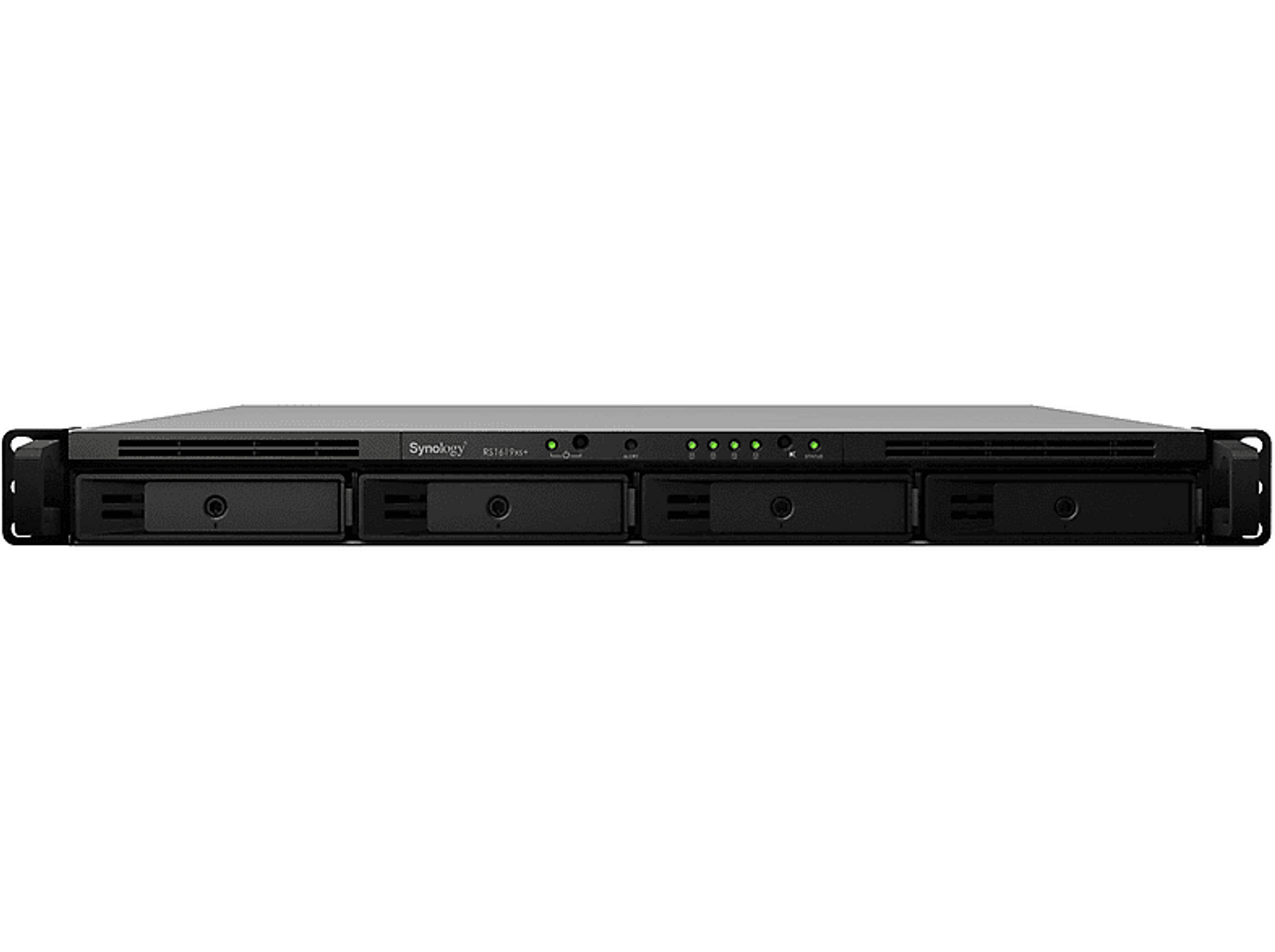 Schwarzer Server mit fünf Laufwerksschächten. Synology Markenname. Status- und Alarmlichter oben.