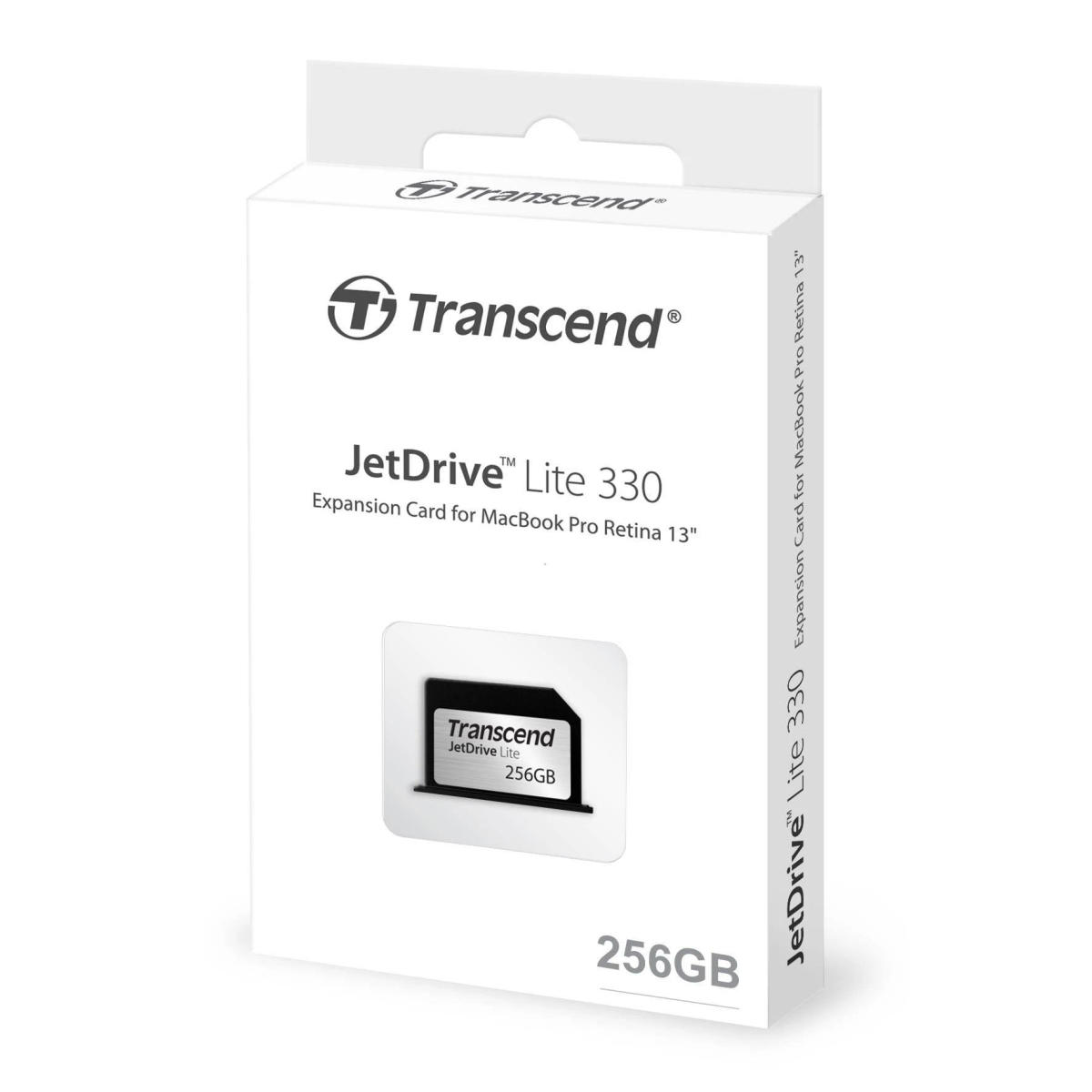 Weiße Box mit 'Transcend' und einer Karte darin. Es ist eine JetDrive Lite 330 Erweiterungskarte für Macbook Pro Retina.