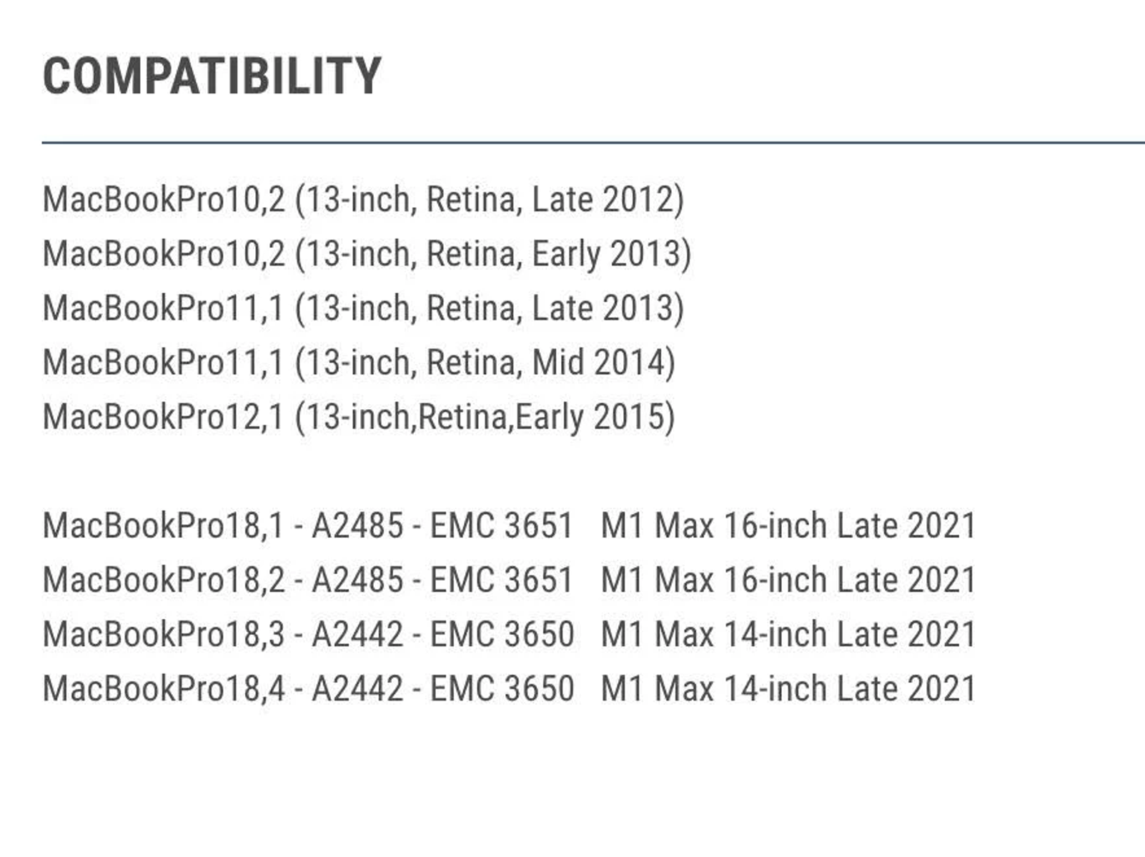 Eine Liste von MacBook Pro-Modellen und deren Kompatibilitätsdetails.
