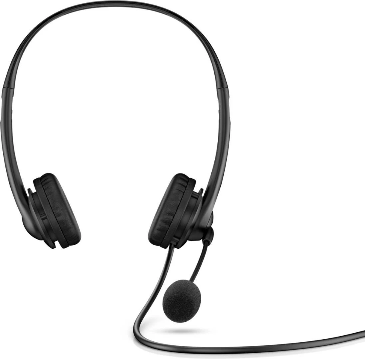 Schwarze Kopfhörer mit Mikrofon. Die Kopfhörer sind mit dem Kabel verbunden.