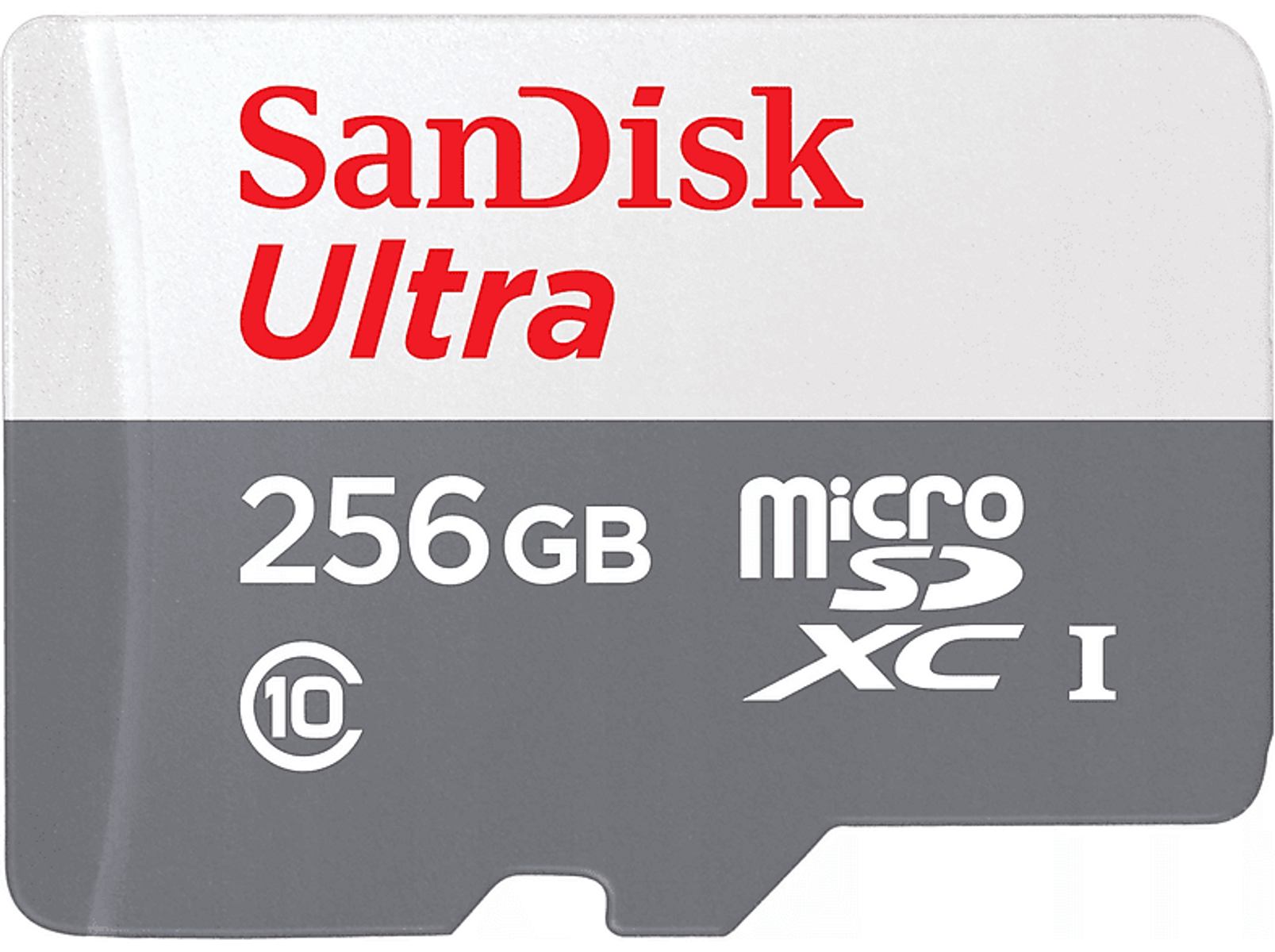 MicroSD-Karte mit dem Label 'SanDisk Ultra' und aufgedruckten Spezifikationen.