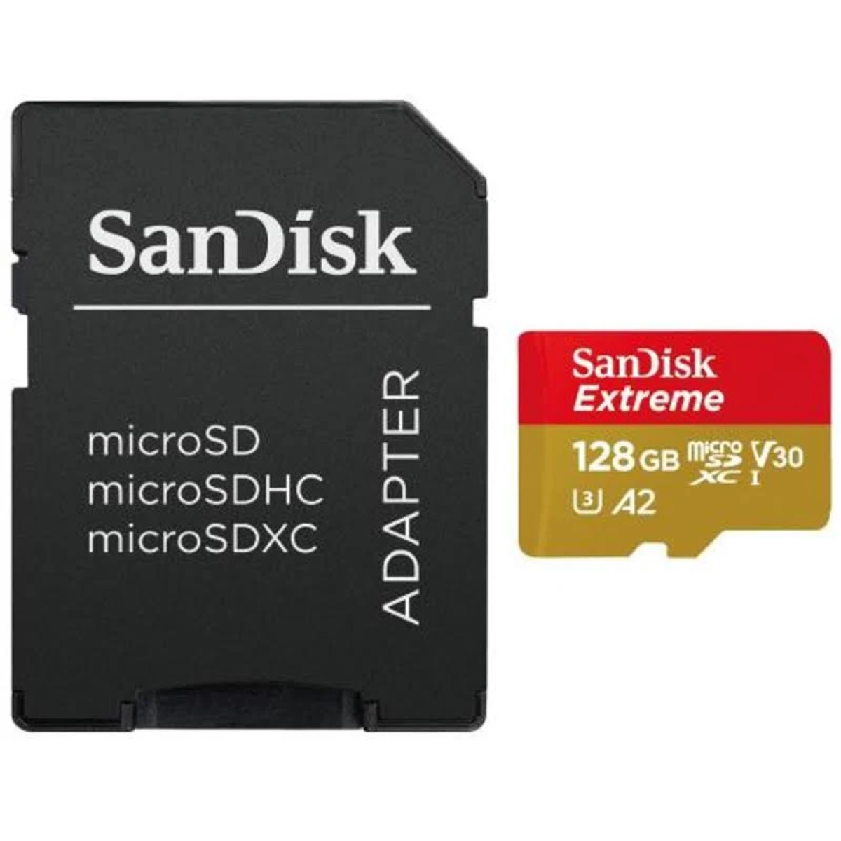 Scheda microSD SanDisk e adattatore neri. La scheda è rossa. L'adattatore ha 'Adapter' stampato.