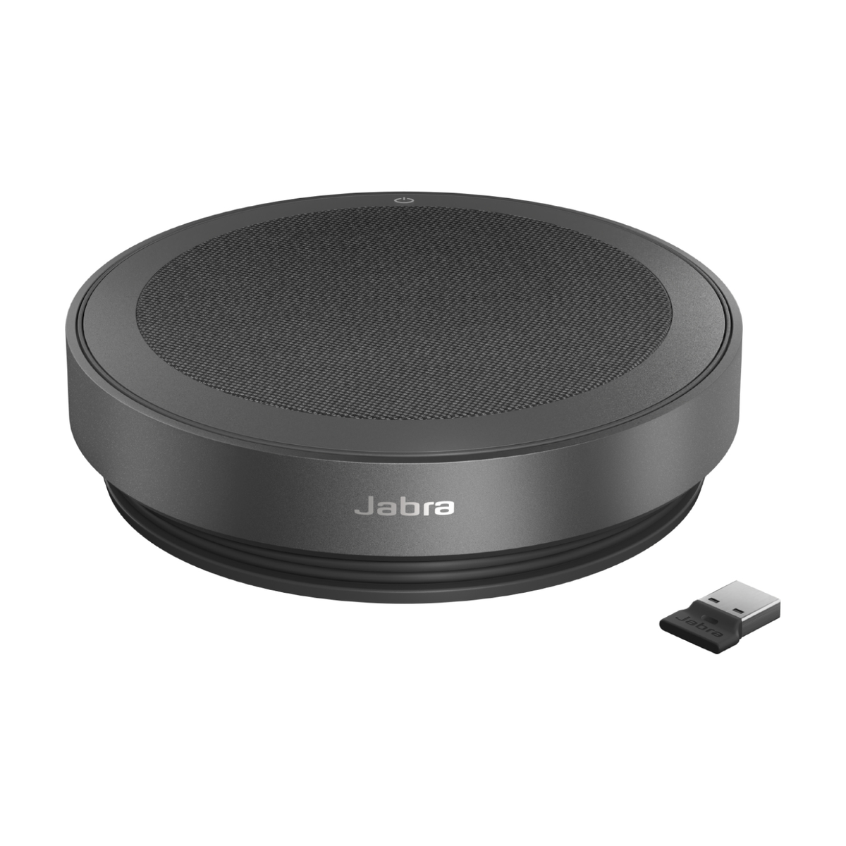 Dunkelgraues Jabra-Freisprechgerät mit USB-Dongle auf weißer Oberfläche.