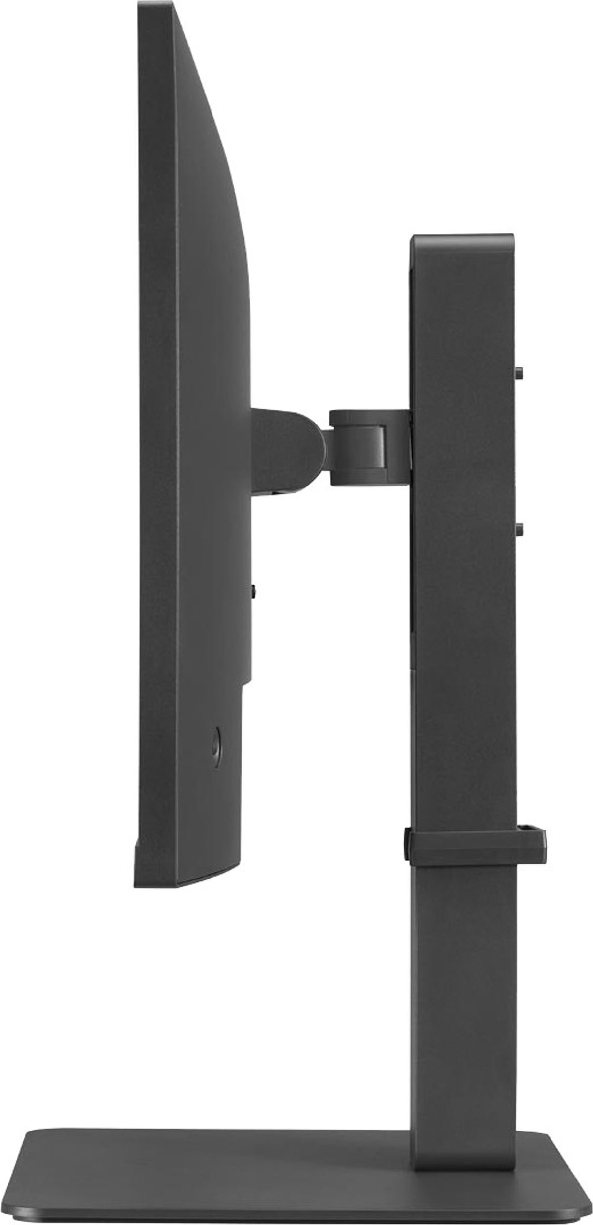 Monitor nero. Profilo laterale. Supporto nero. Sfondo bianco.