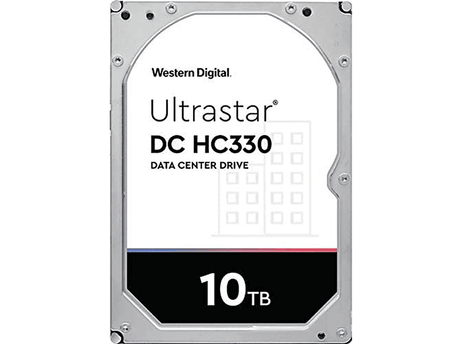 Western Digital Ultrastar 10TB Festplatte. Silbernes und weißes Etikett, schwarzer Rahmen.