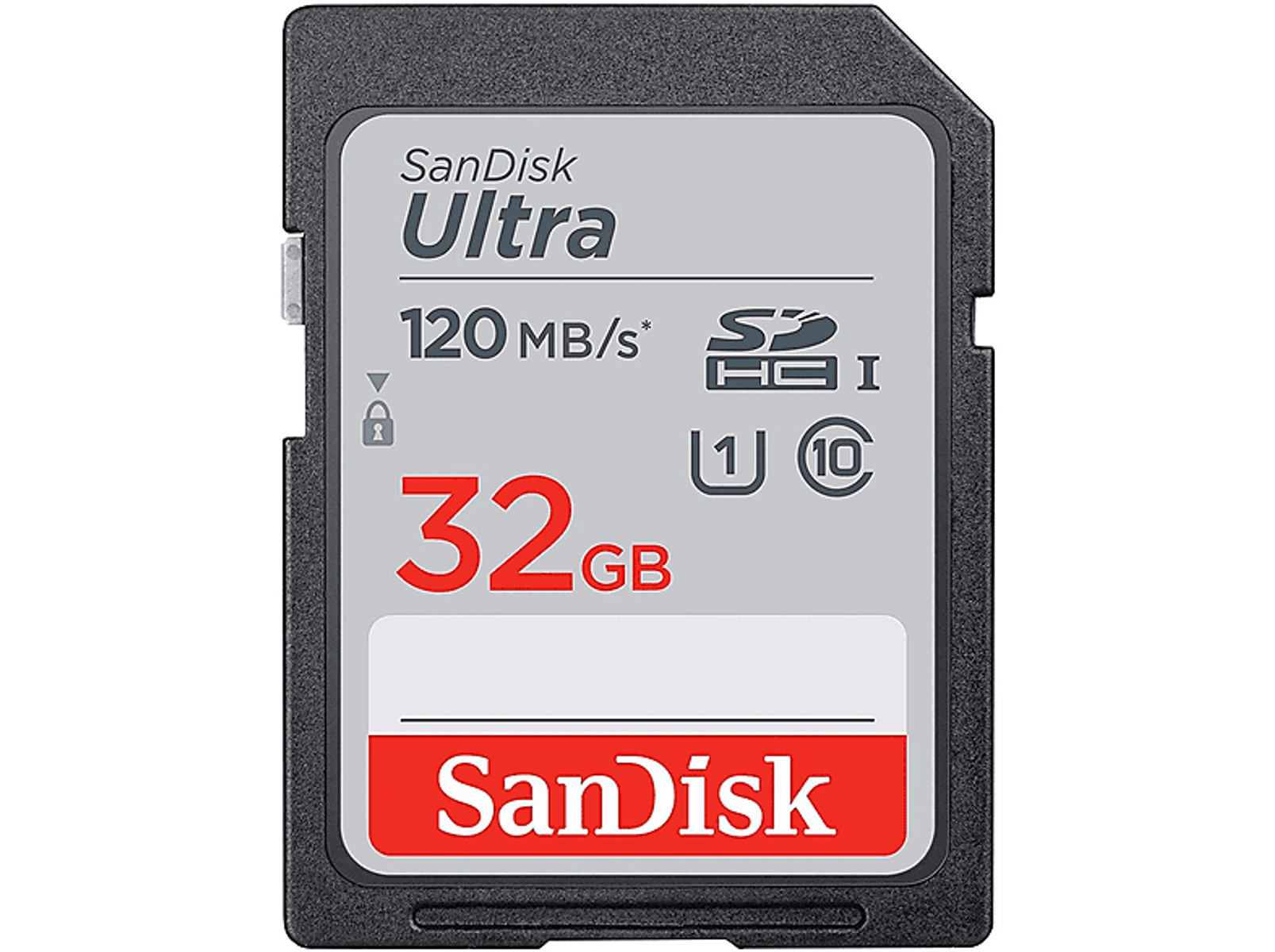 Karta SD SanDisk Ultra o pojemności 32 GB i prędkości 120 MB/s, z nazwą marki.