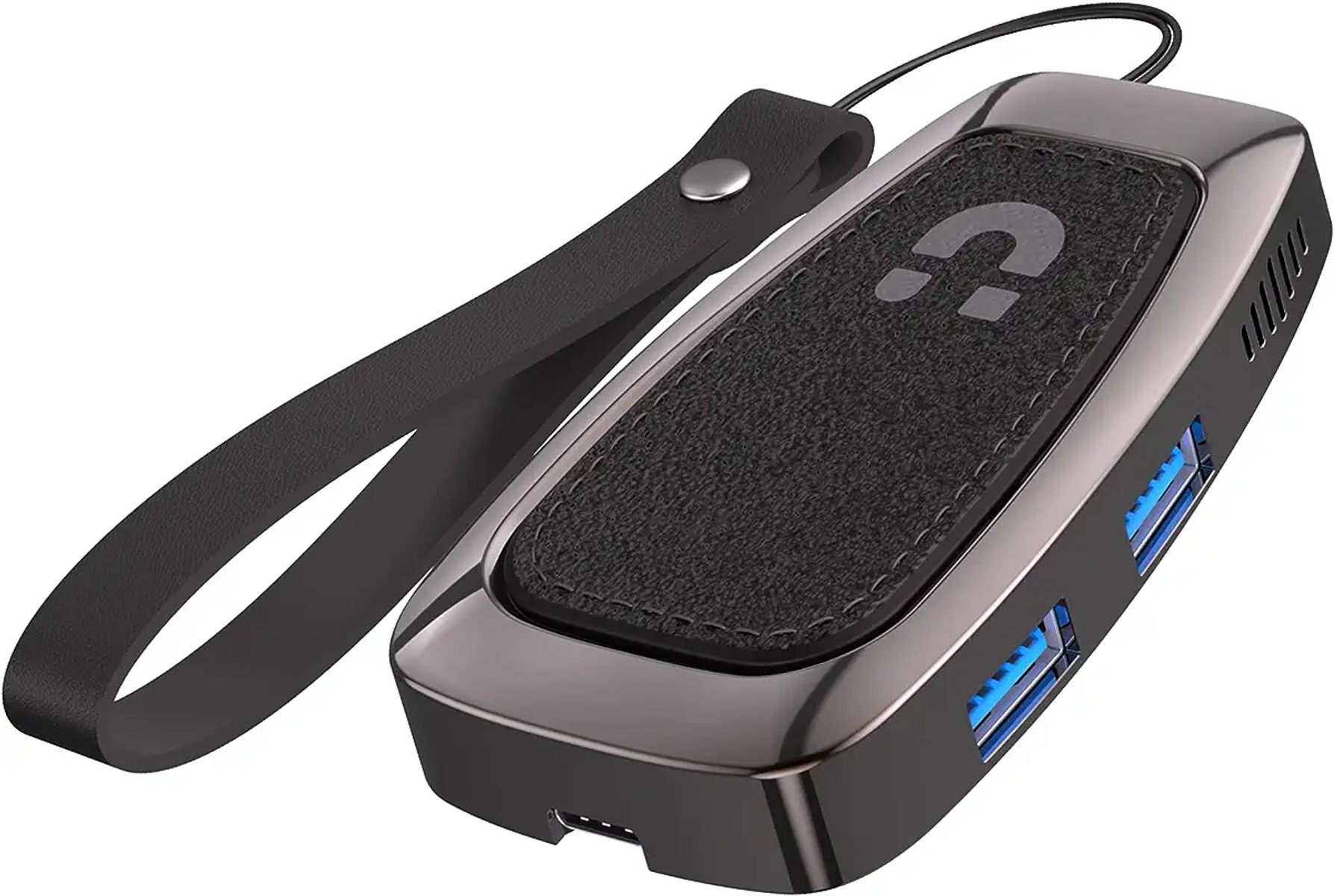 Hub USB nero con cinturino in pelle. Ha un'icona a punto interrogativo.