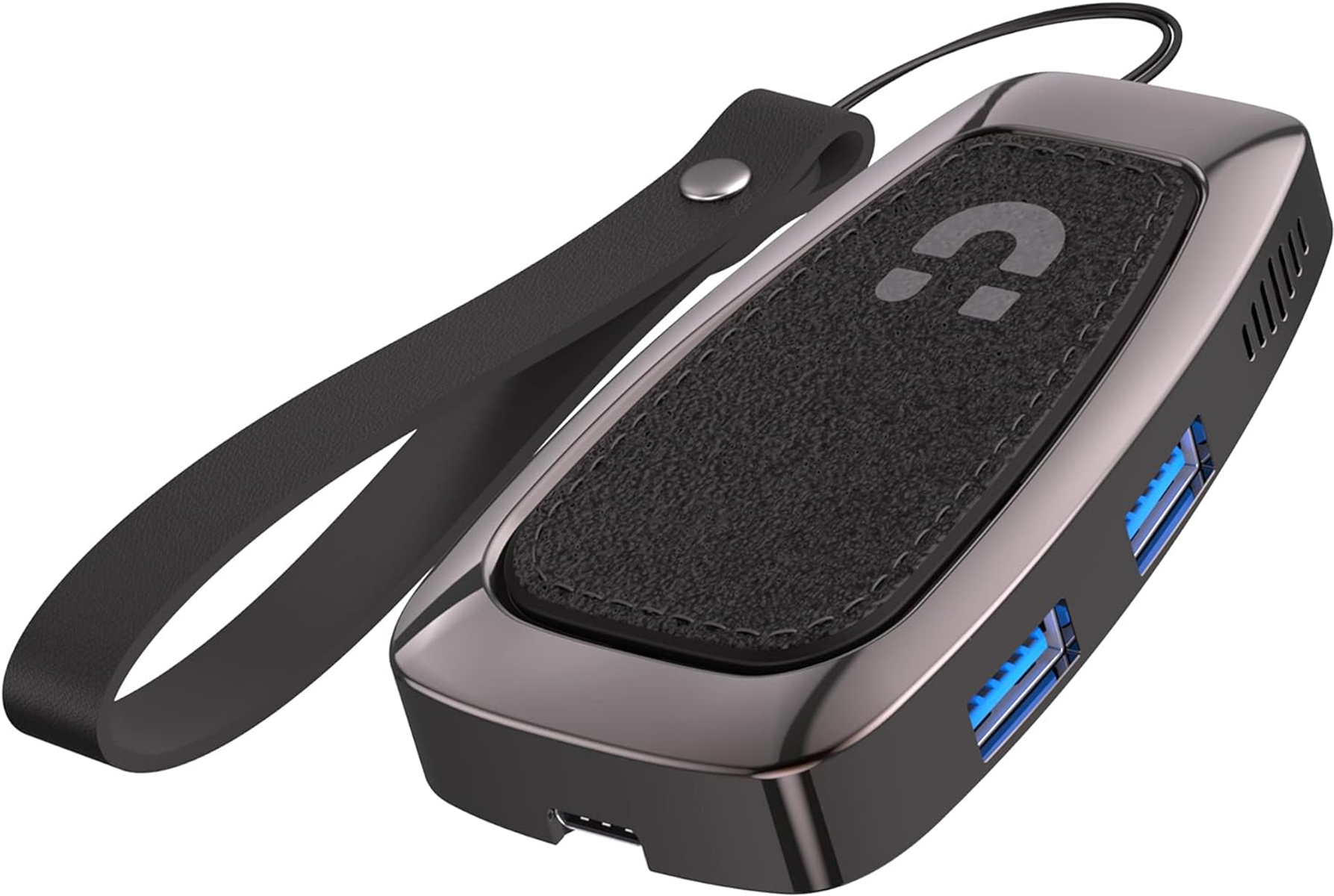 Un hub USB nero e argento con cinturino in pelle. Contiene porte USB.