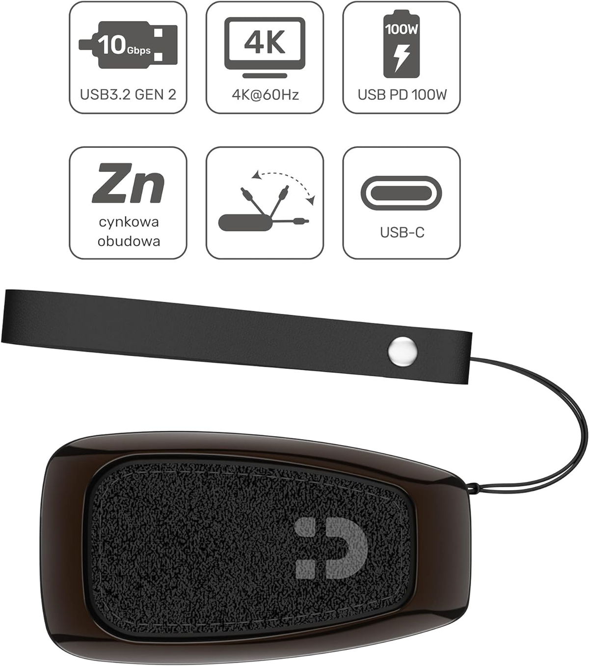 Adattatore USB-C nero e marrone con cinturino nero e diverse icone per le sue funzionalità.