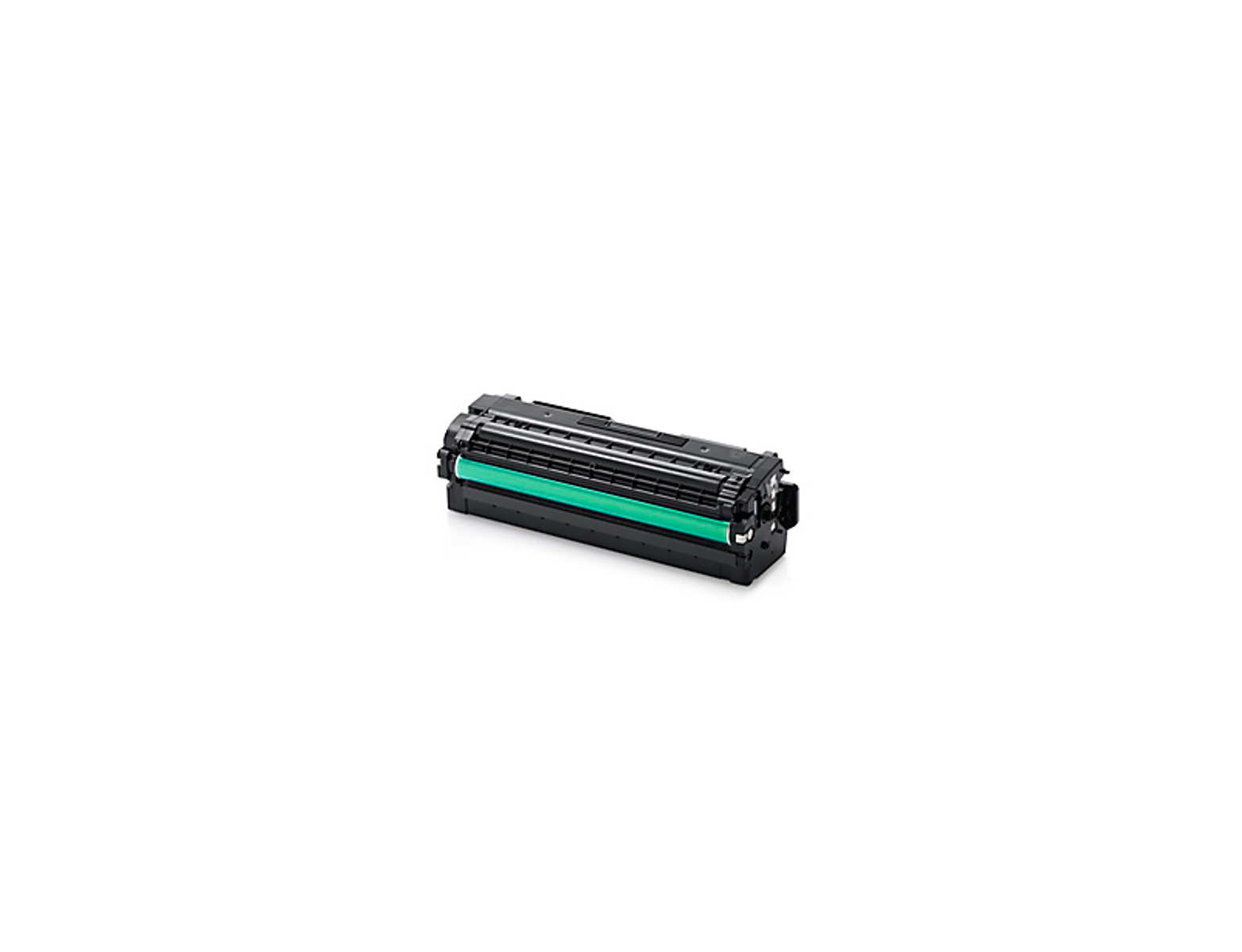 Una cartuccia toner nera e verde, isolata su sfondo bianco.