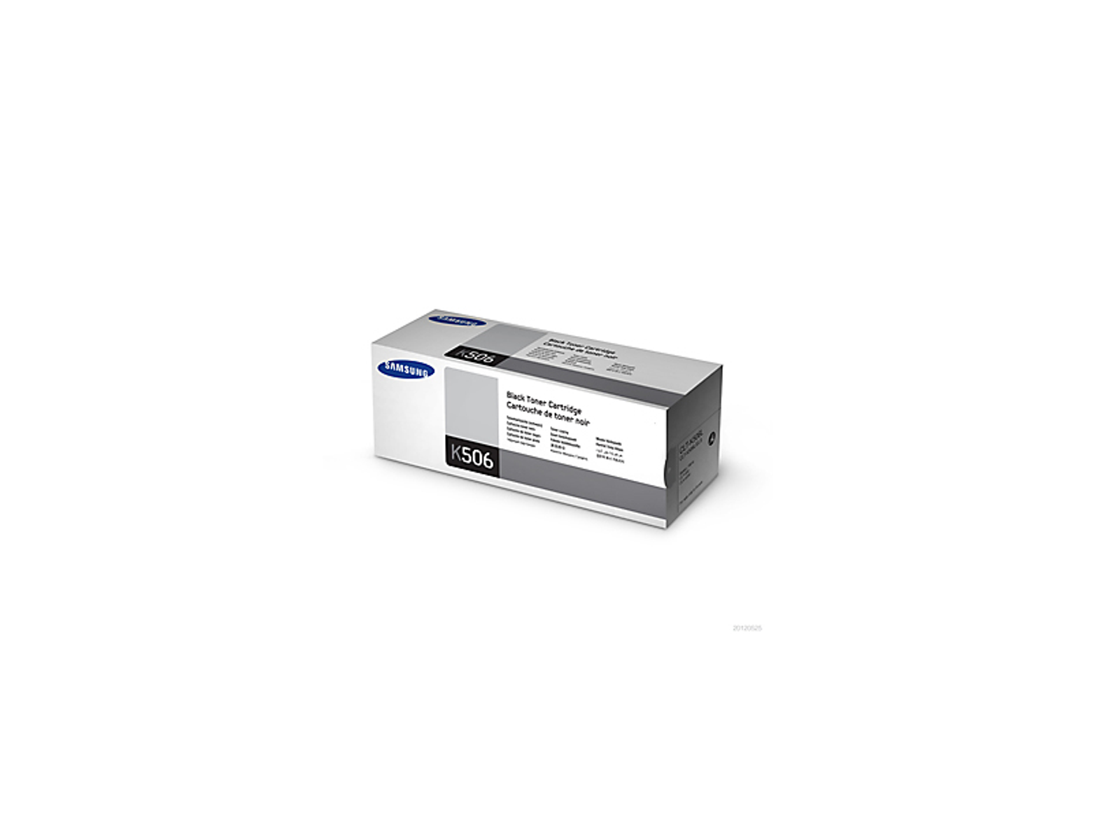 Cartuccia toner nero Samsung K506 su sfondo bianco. La scatola è bianca e grigia.