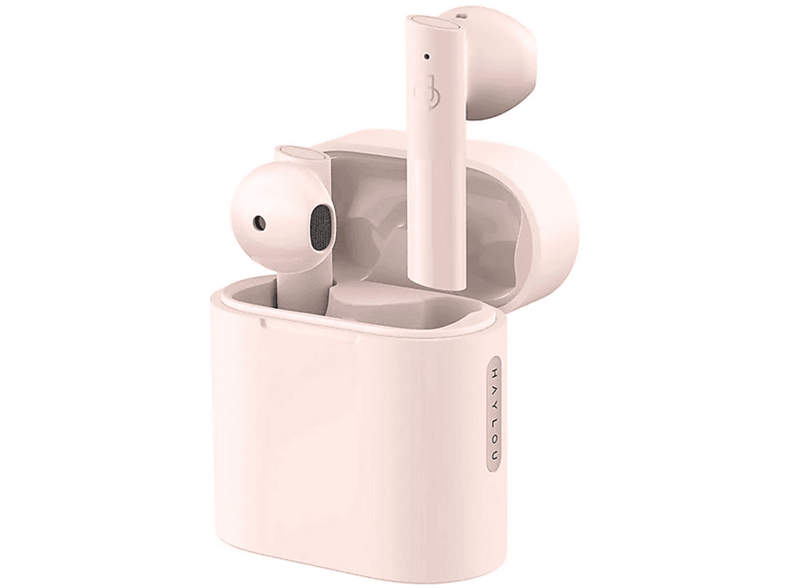 Auricolari rosa e custodia di ricarica. Un auricolare fuori dalla custodia. Sfondo nero.