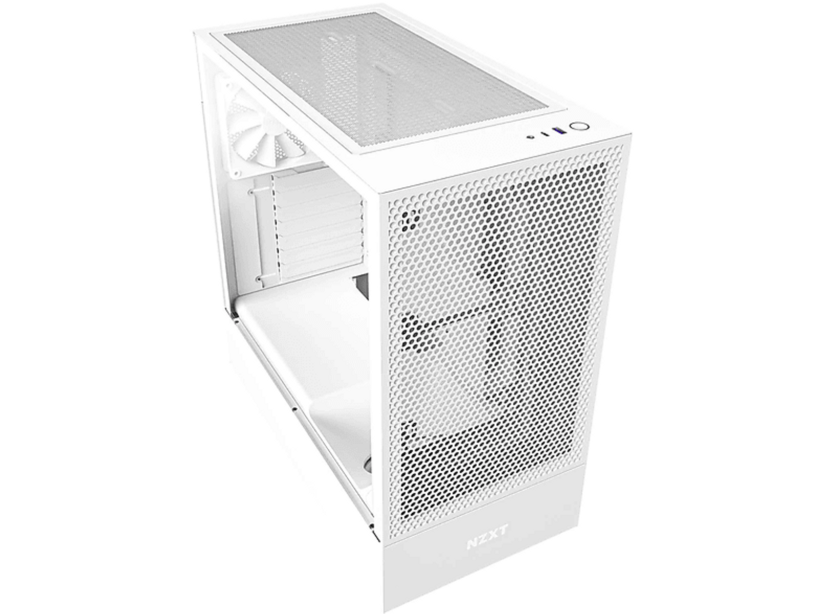 Weißes PC-Gehäuse, Mesh-Front, offene Seite, schräge Ansicht. NZXT-Logo sichtbar.