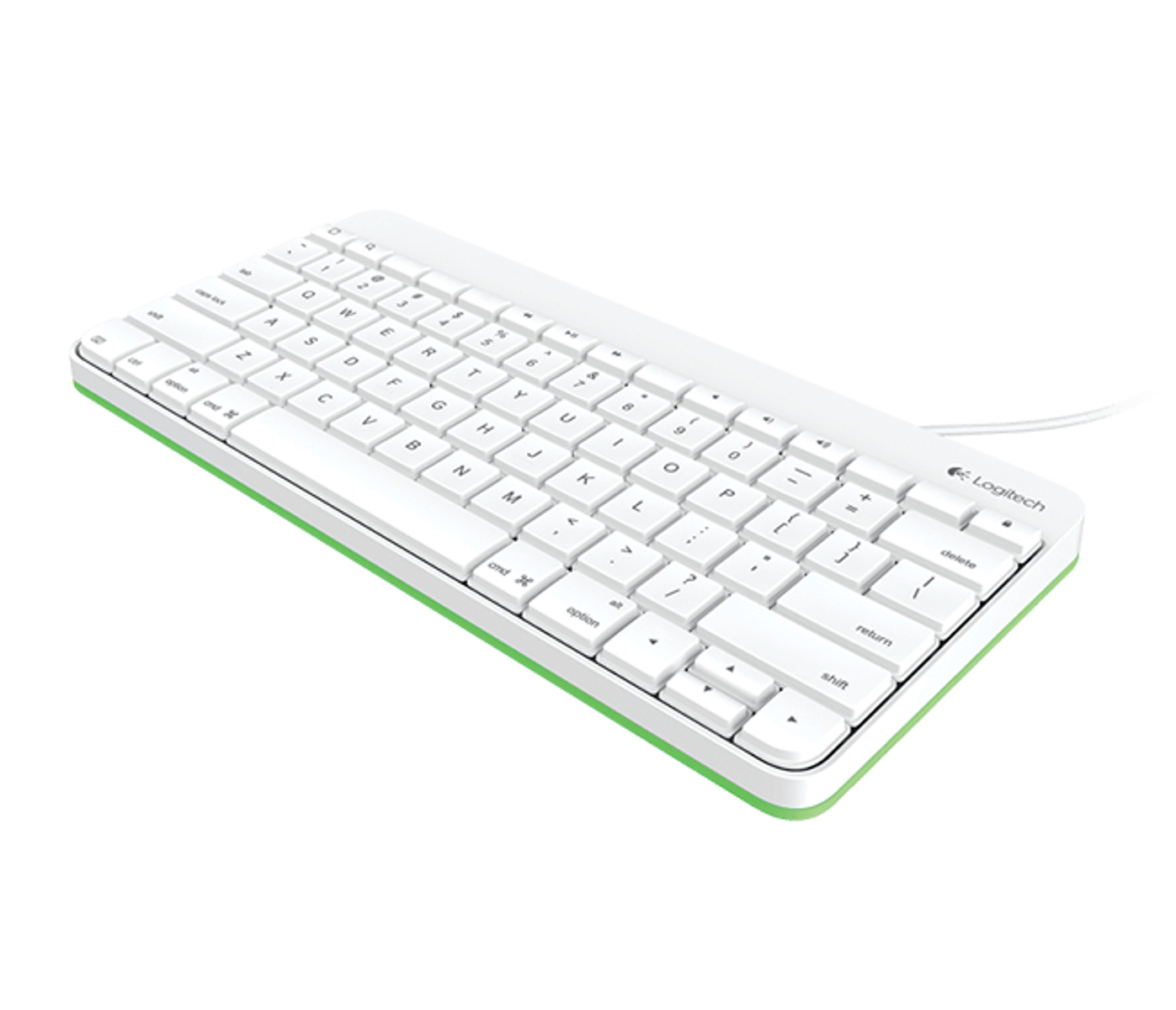 Weiß-grüne Logitech-Tastatur auf weißem Hintergrund.