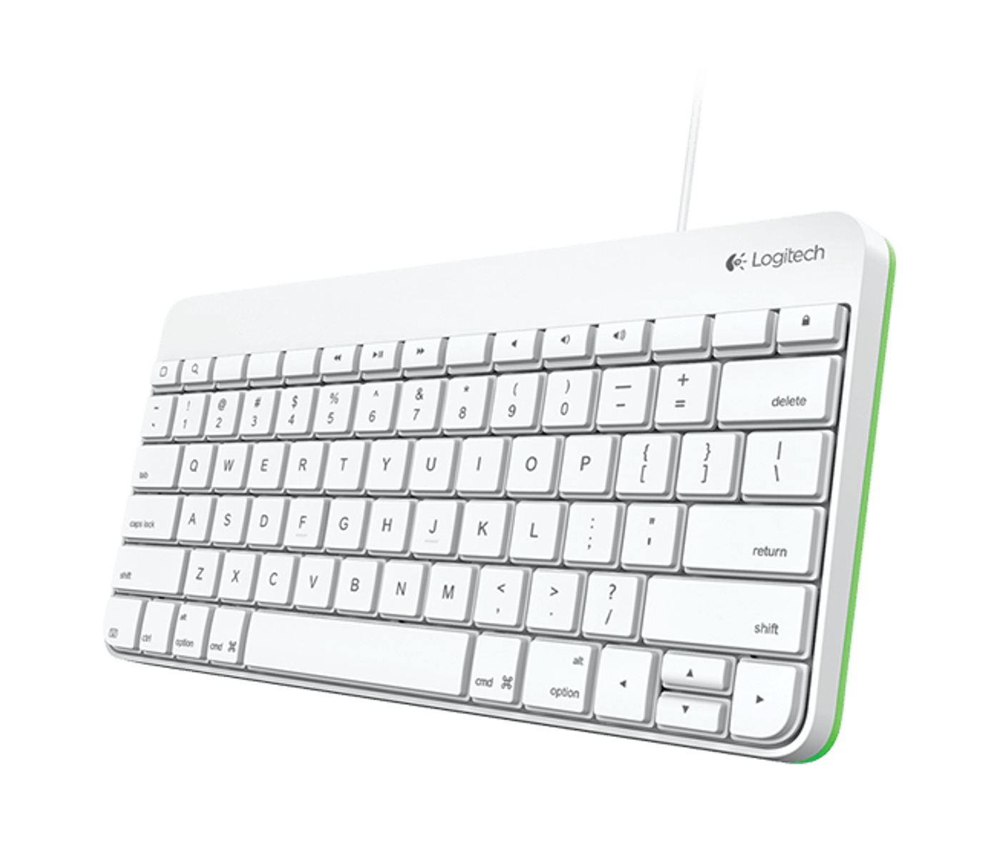 Weiße Logitech-Tastatur mit grünen Rändern und weißen Tasten. Die Tasten haben schwarze Beschriftungen.