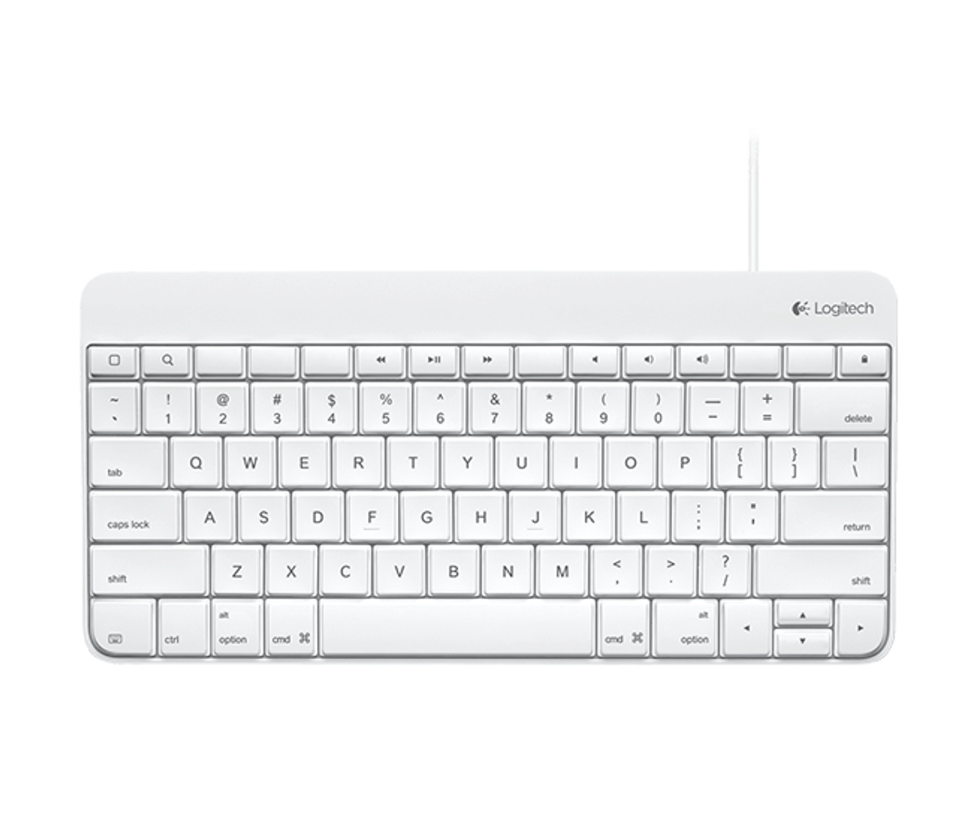 Weiße Tastatur mit kompaktem Layout und Logitech-Markenzeichen.