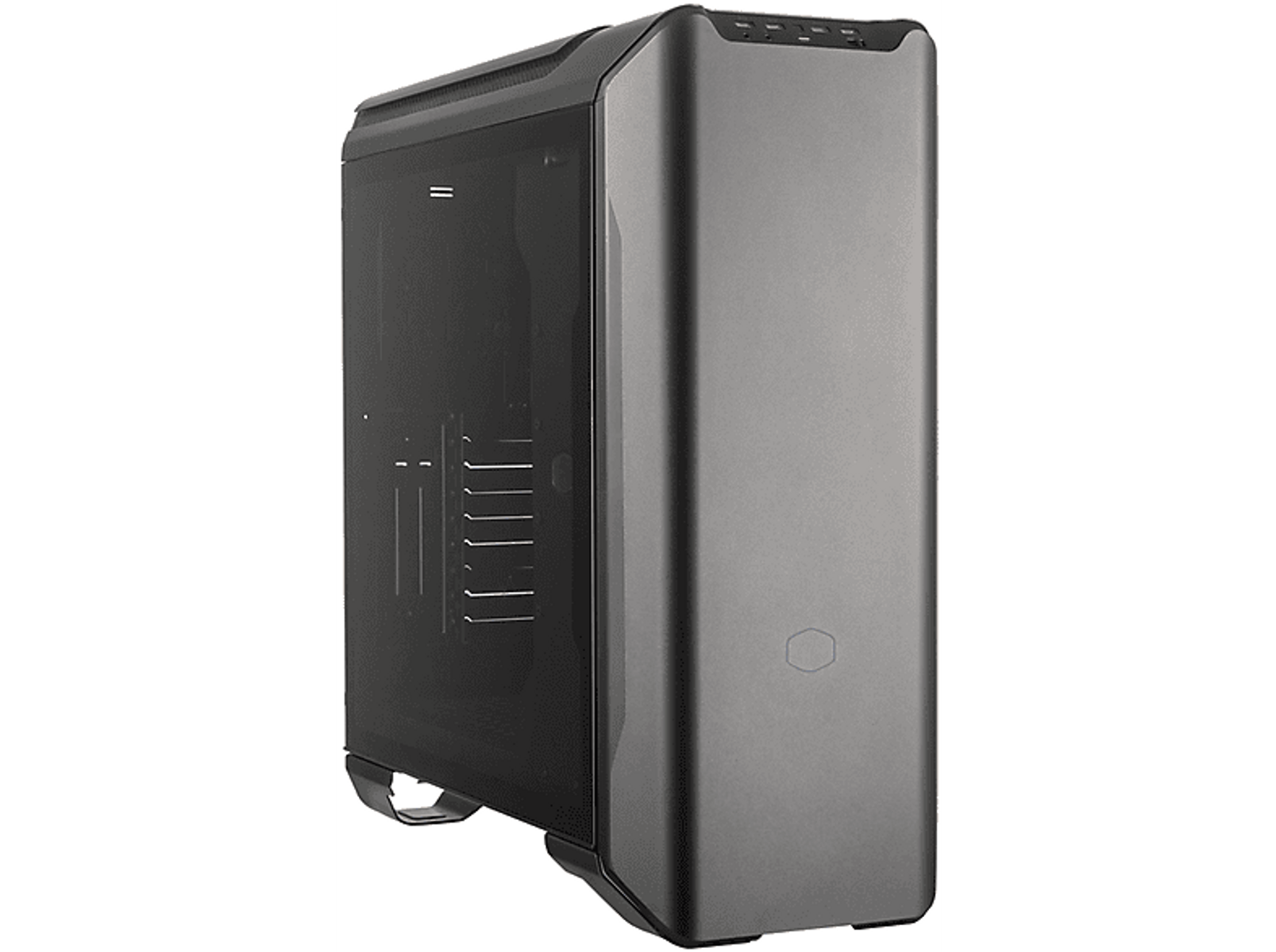A dark grey computer case with a clear side panel, showing internal components, on black background.