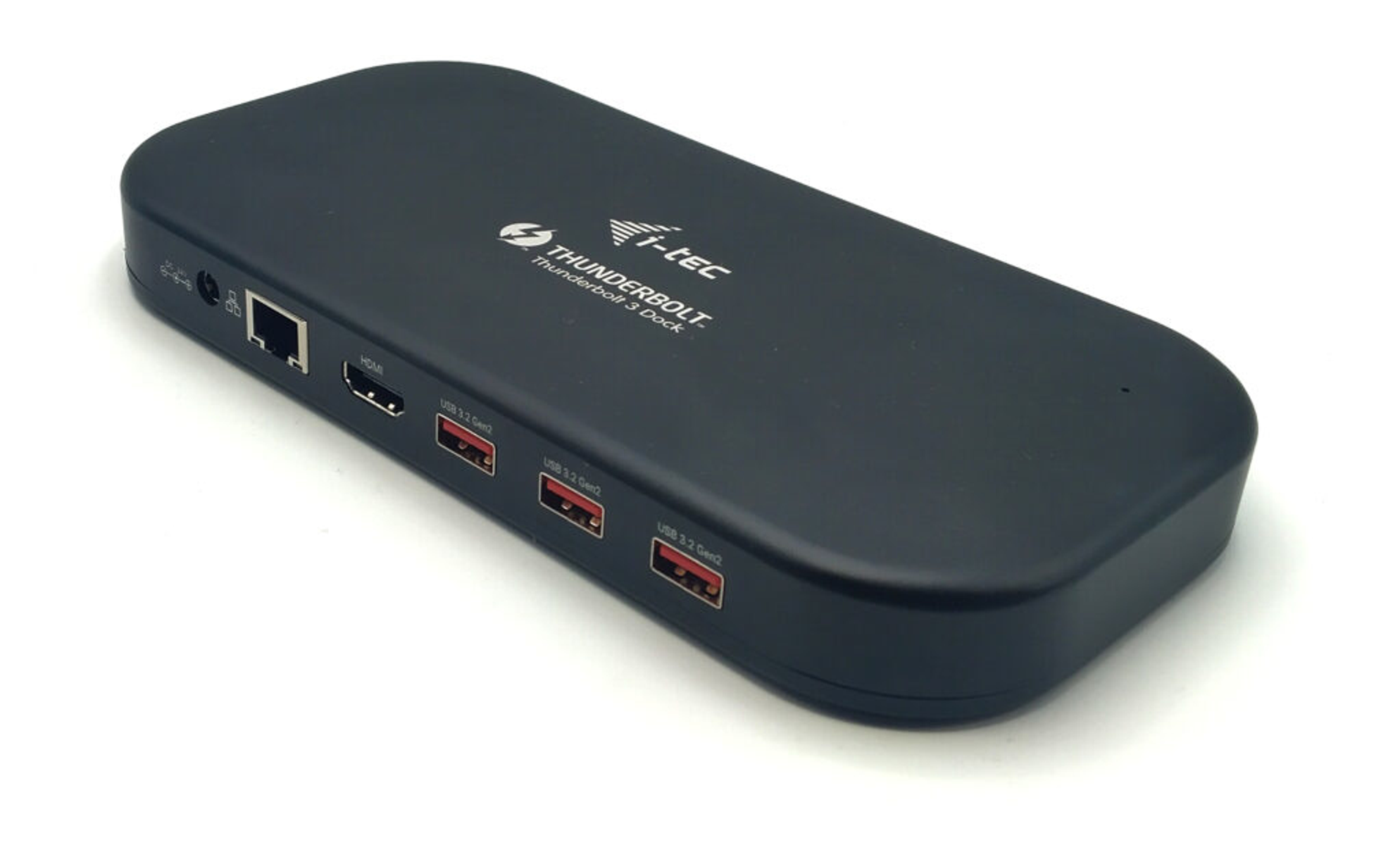 Eine schwarze I-tec Thunderbolt 3 Dock. Sie hat verschiedene Anschlüsse, einschließlich USB und HDMI.