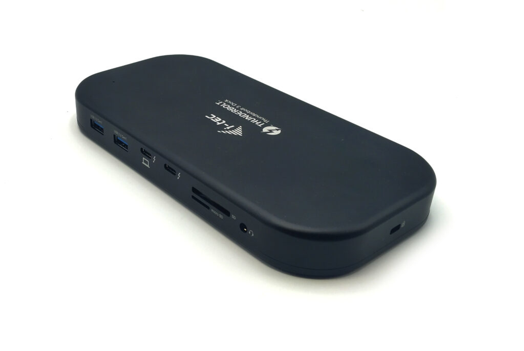 Schwarze Thunderbolt-Dockingstation mit mehreren Anschlüssen. Weißer Hintergrund.