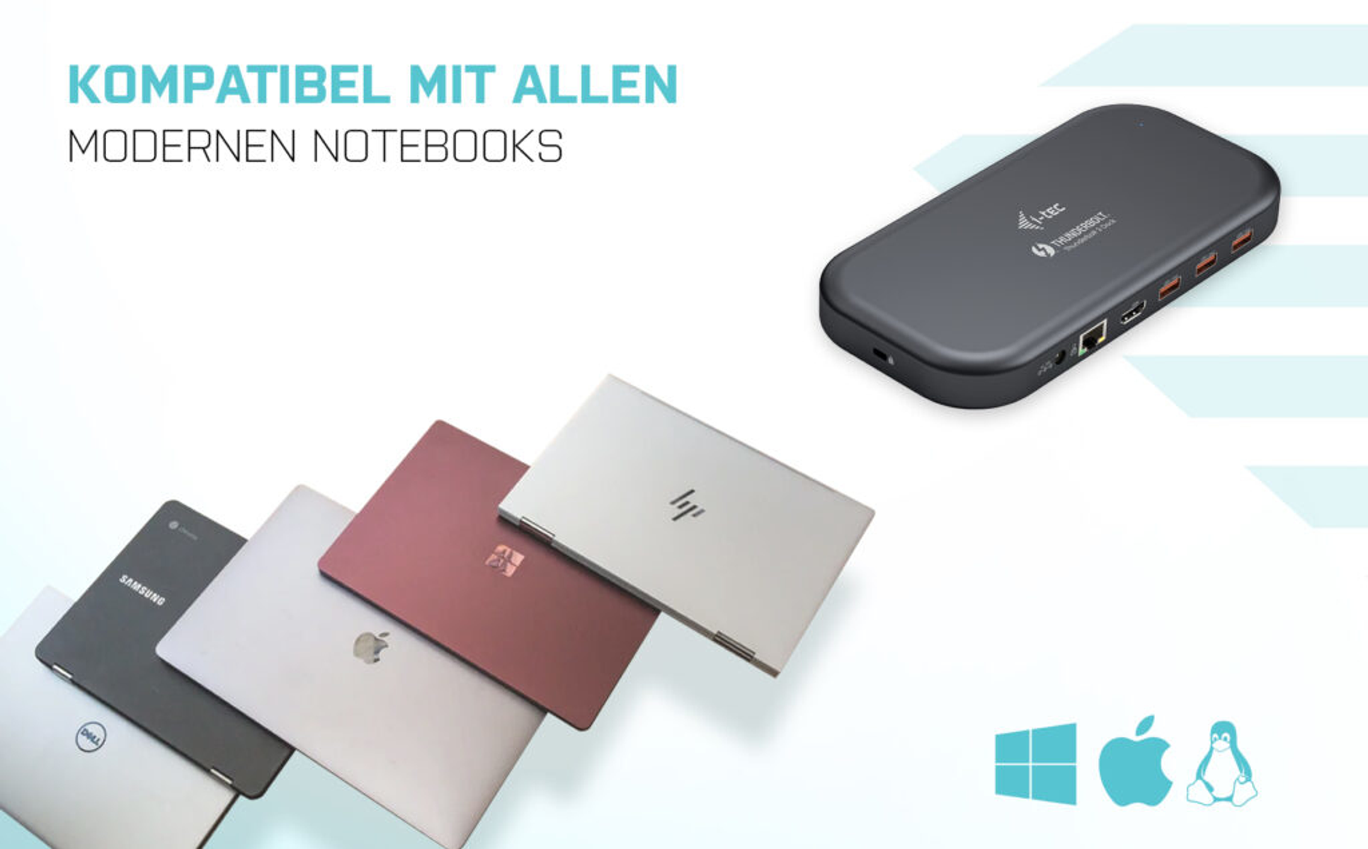 Das Bild zeigt einen schwarzen und silbernen Laptop-Hub mit Laptops im Hintergrund.