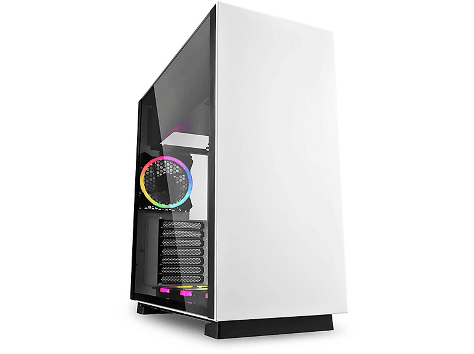 Biała obudowa komputera z bocznym panelem ze szkła. Ma kolorowe światło w środku.