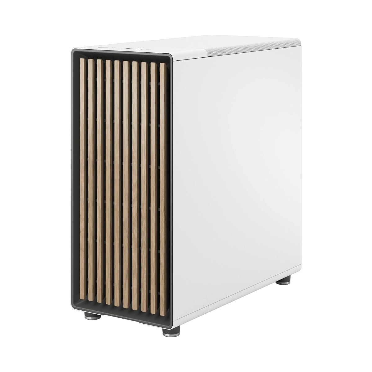 White computer case. Wood slats on the front. Black accents. White background.