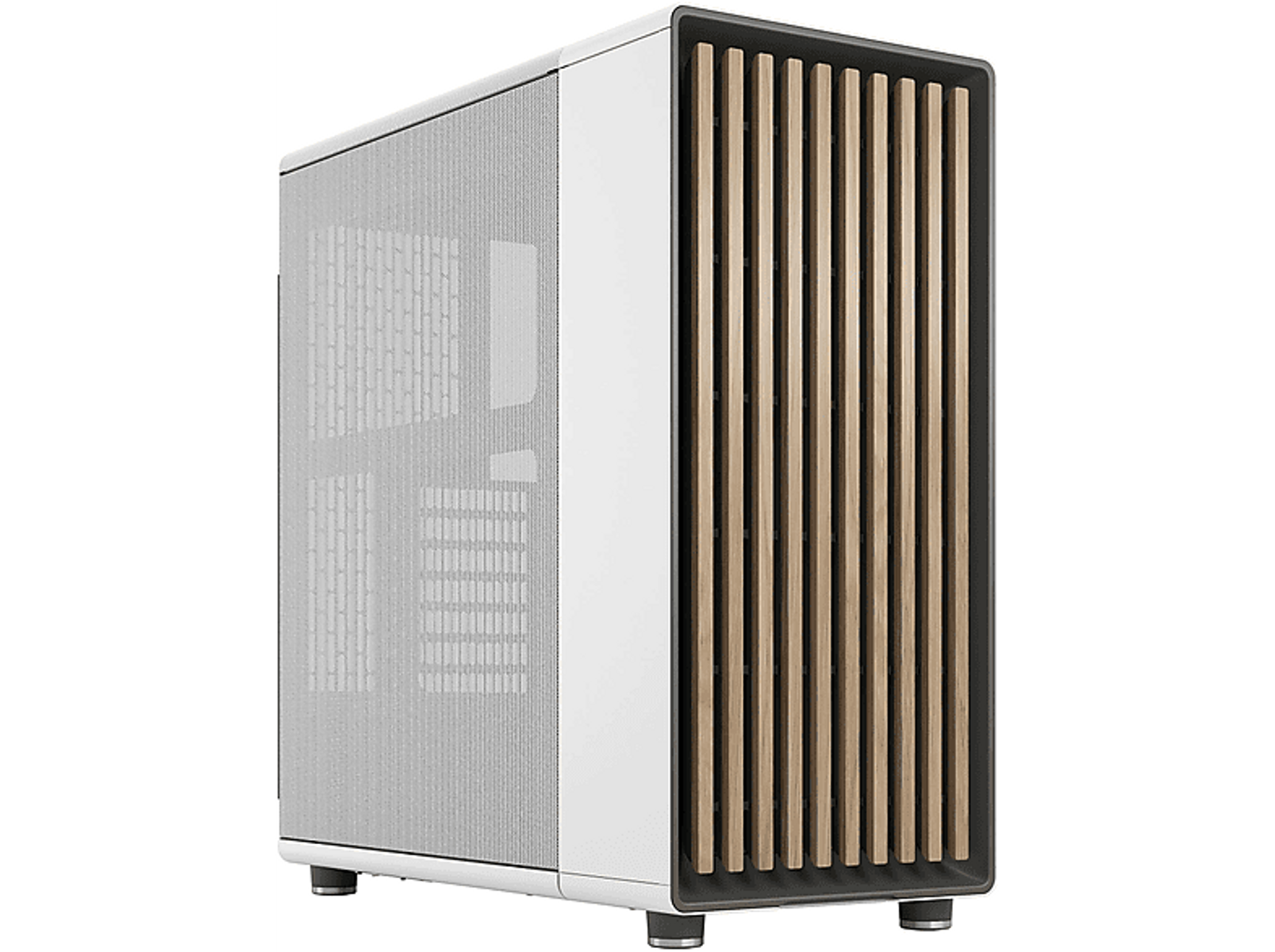 White and wood-tone PC case with a mesh side and wood-style front panel.