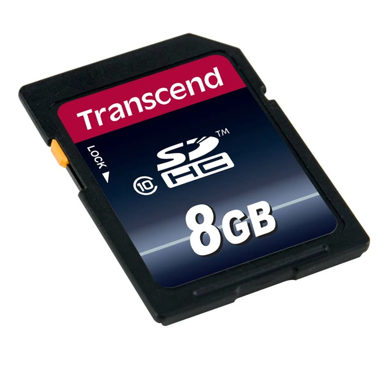 Transcend SD card. Black with a red label that reads 'Transcend' and '8GB'.