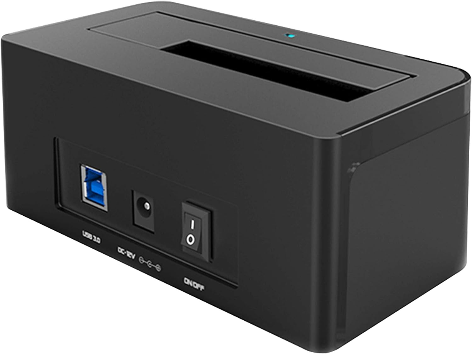 Schwarzes externes Festplattengehäuse mit Anschlüssen und einem Netzschalter, USB 3.0 und DC 12V markiert.