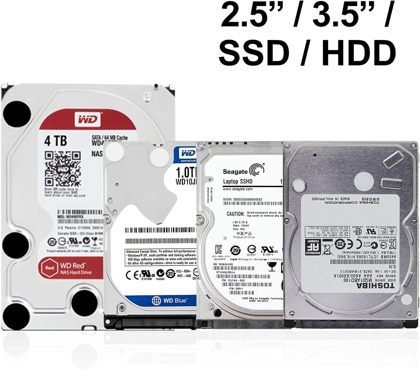 Festplatten. Mehrere Festplatten unterschiedlicher Größe. 4 TB, 1,0 TB und 4 weitere Festplatten sind sichtbar.