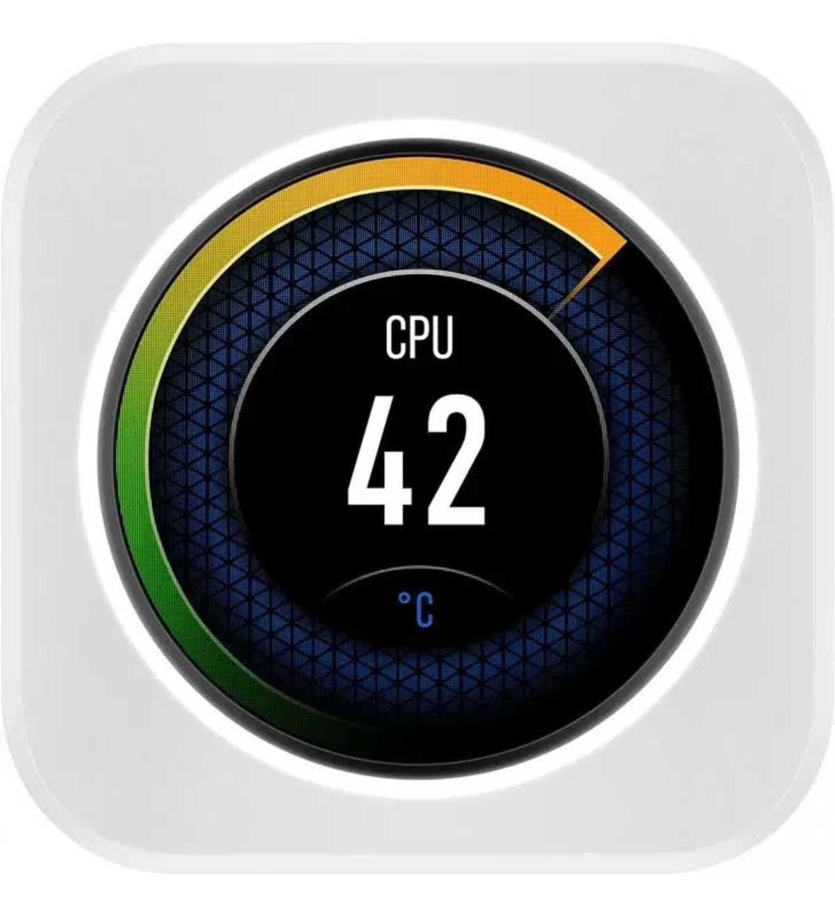 Rundes Gerät, zeigt CPU-Temperatur als 42 Grad an. Weißer Hintergrund.