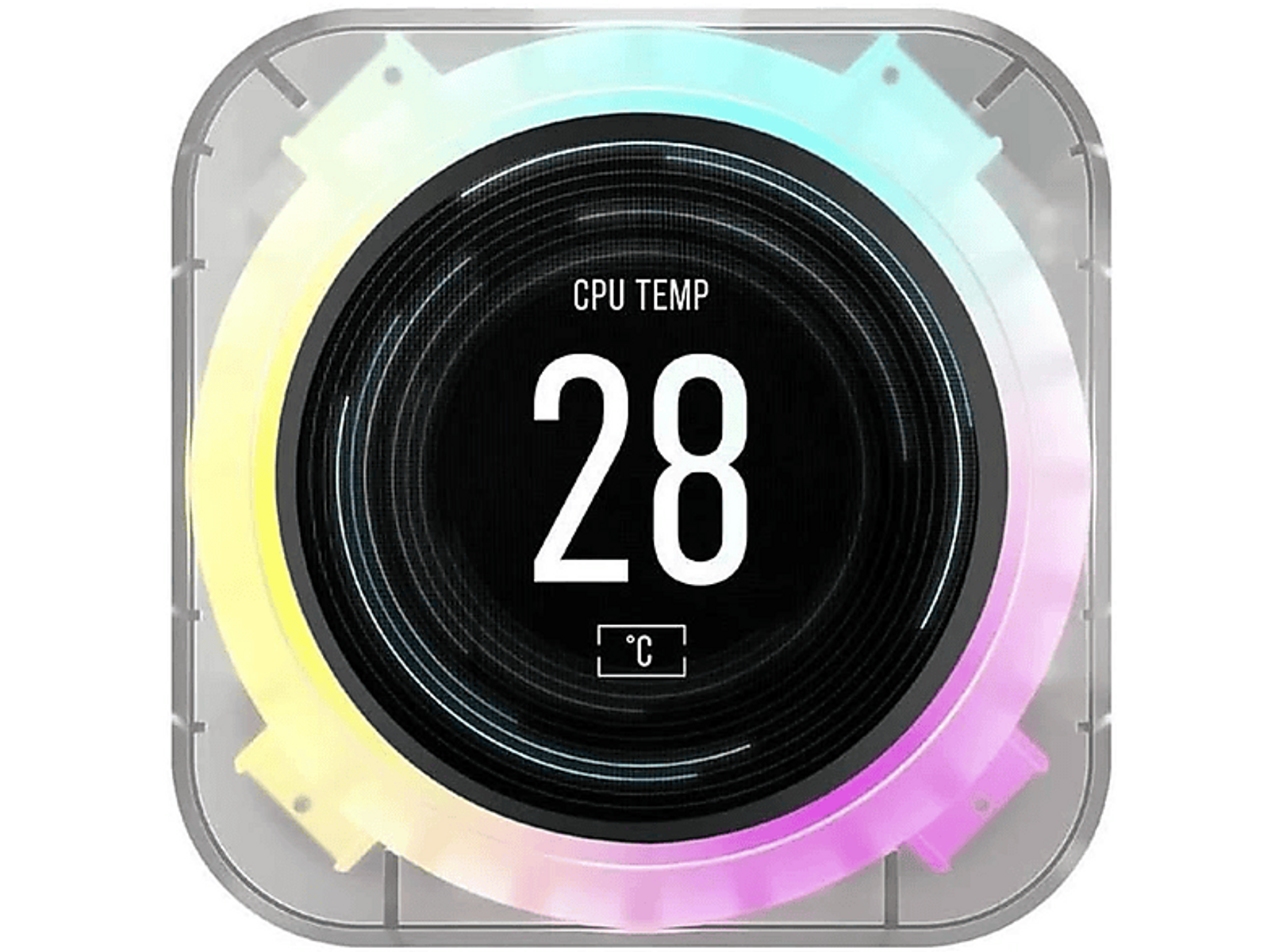CPU-Kühler mit Digitalanzeige, die 28 Grad Celsius anzeigt. RGB-Beleuchtung um die Anzeige.