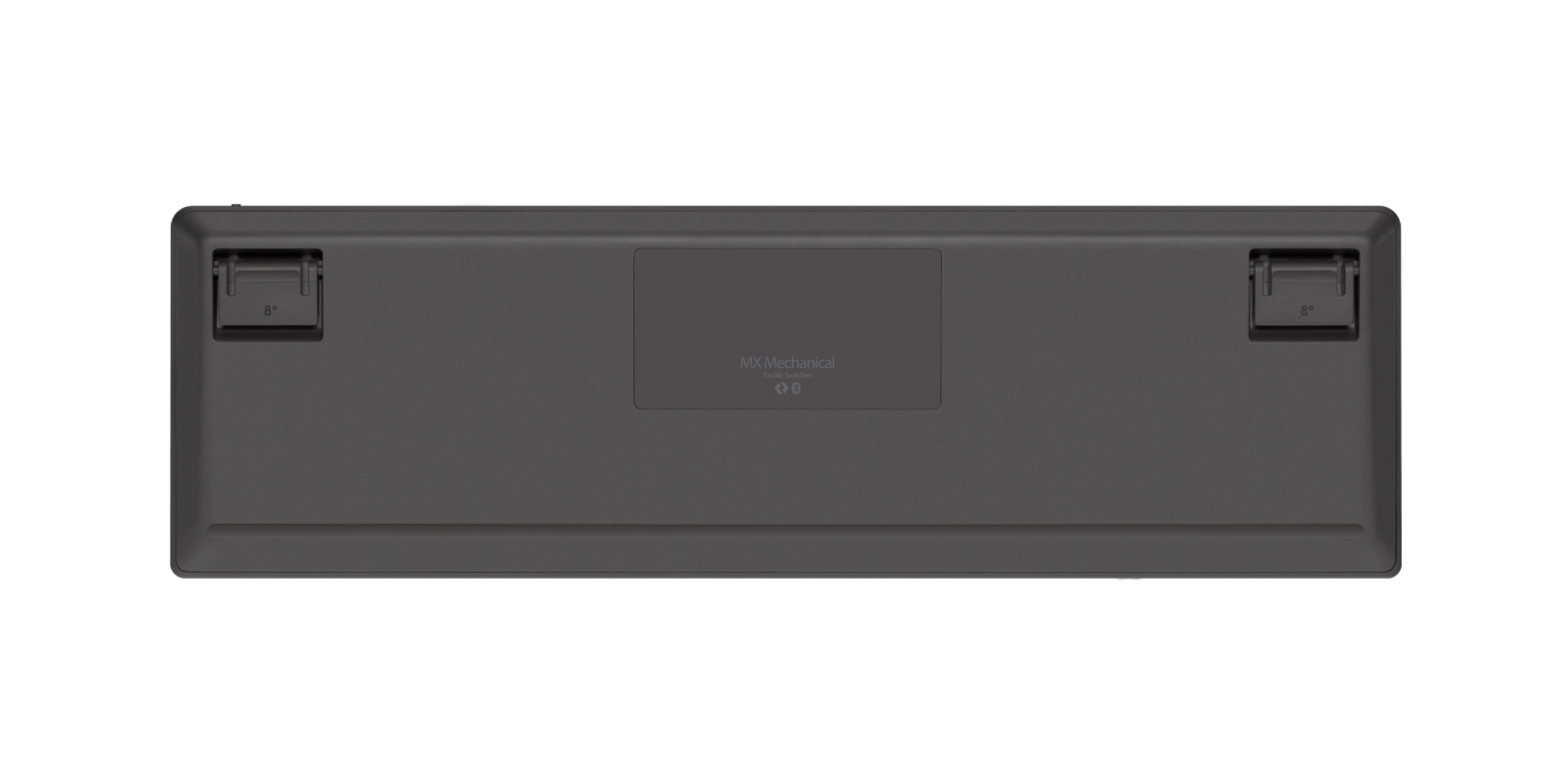 Spód szarej klawiatury. Klawiatura ma etykietę 'MX Mechanical'.