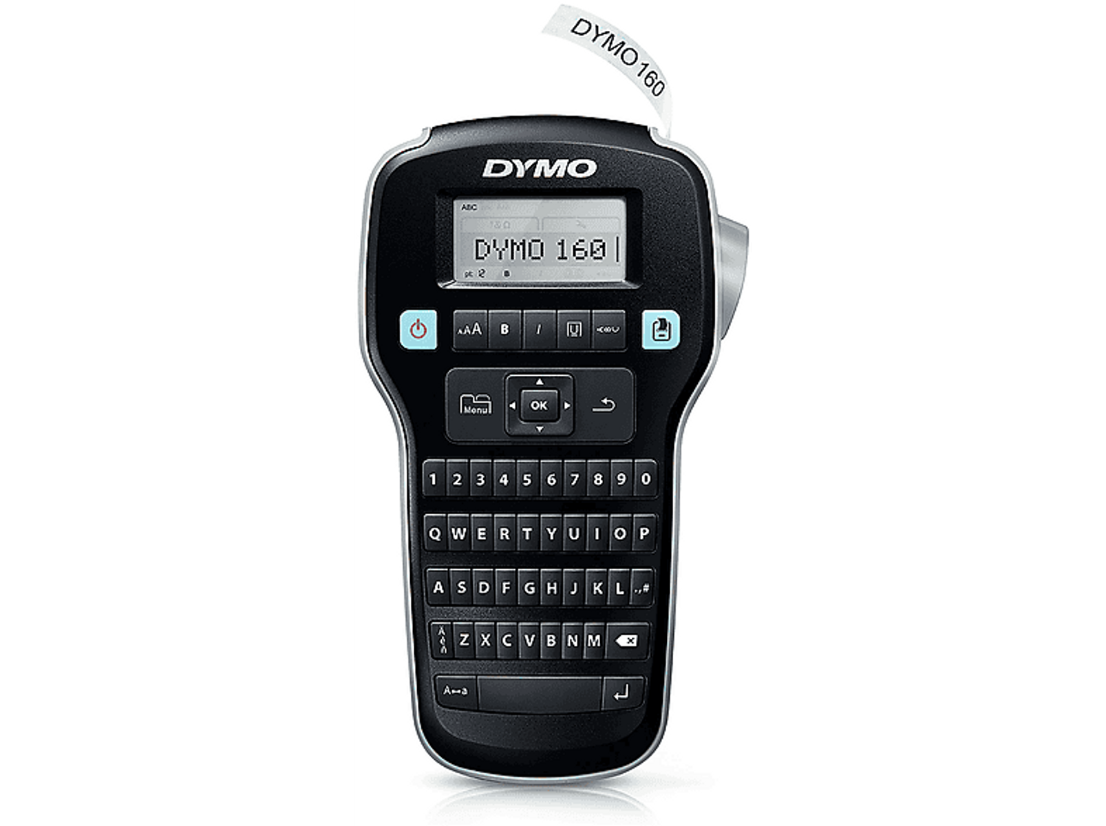 Schwarzer Dymo-Etikettendrucker mit angebrachtem Etikett. Schwarzer Hintergrund.
