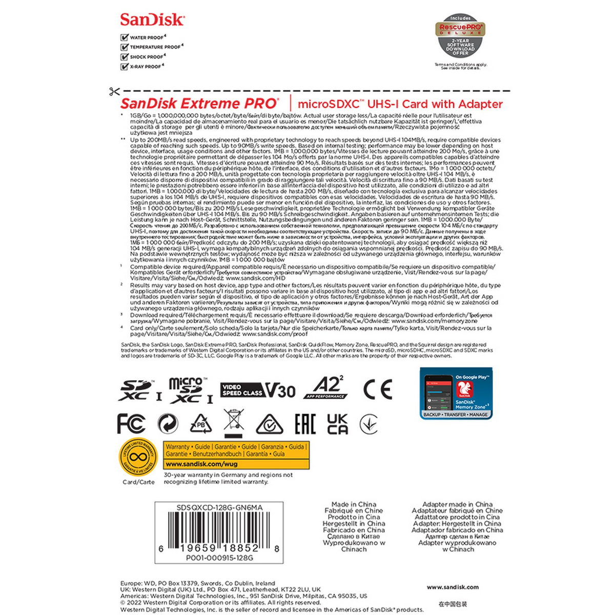 Confezione della scheda Sandisk Extreme Pro microSDXC UHS-I. Testo e loghi visibili.