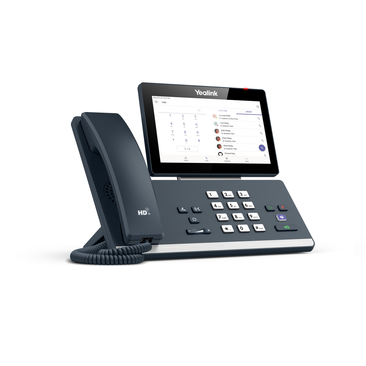 Ein dunkelgraues Tischtelefon mit Bildschirm und Hörer. Anzeige zeigt eine Anruf-Oberfläche.