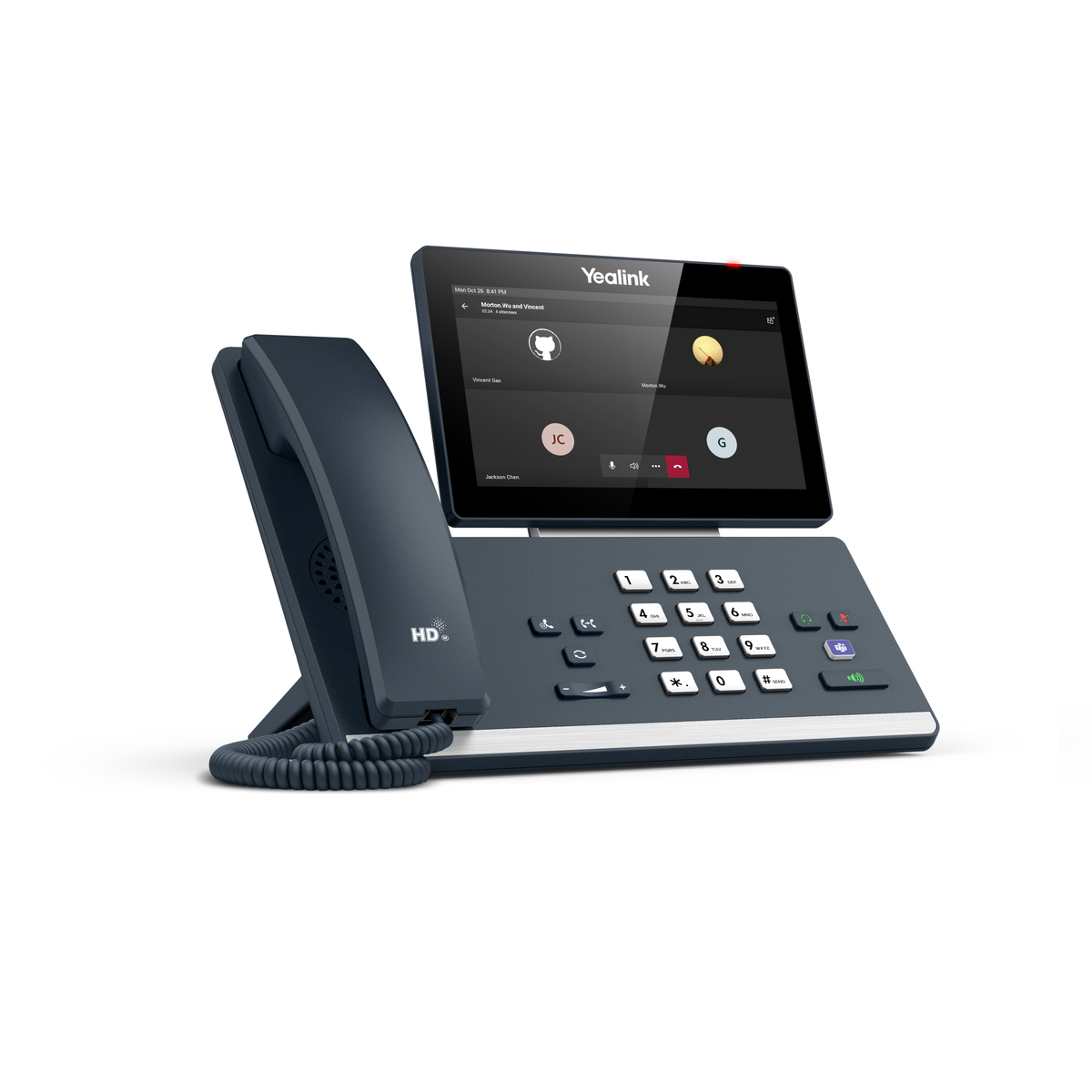 Dunkelgraues Yealink-Telefon mit Bildschirm, Hörer und Tastatur.