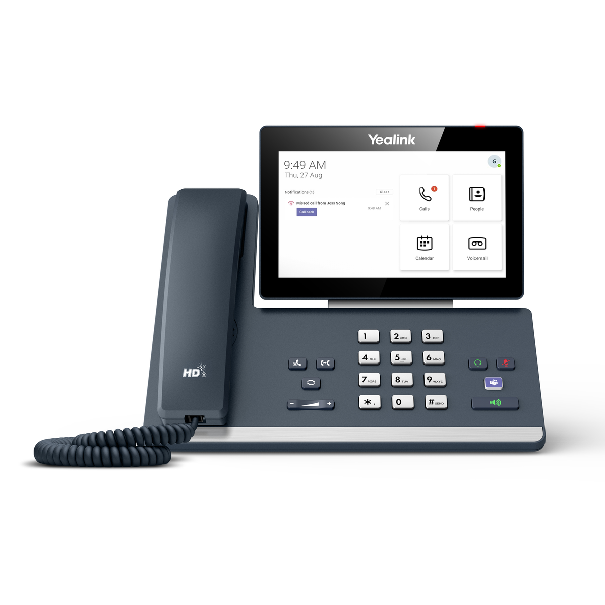Ein Yealink-Schreibtischtelefon mit einem Bildschirm, der eine Anruf-Oberfläche zeigt. Schwarze Farbe und weißer Hintergrund.