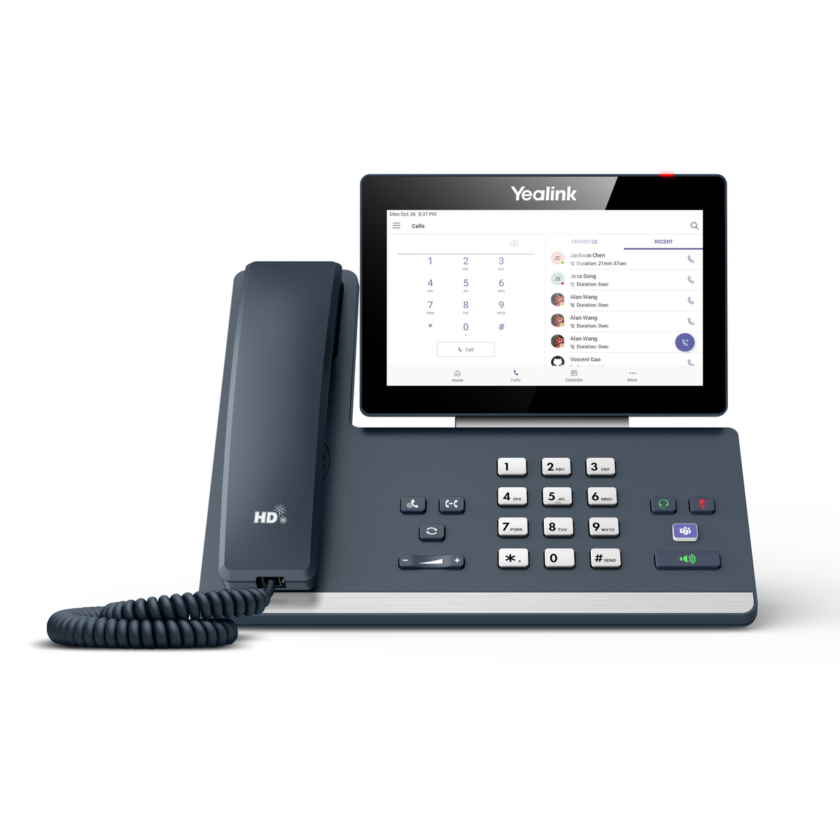 Ein Tischtelefon mit Bildschirm und Tasten. Es ist dunkelgrau und hat einen Hörer. Der Bildschirm zeigt ein Menü an.