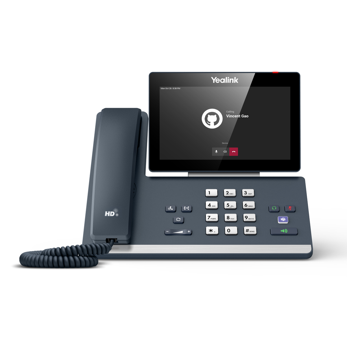 Yealink-Schreibtischtelefon mit Touchscreen-Display. Der Bildschirm zeigt einen Videocall in Bearbeitung.