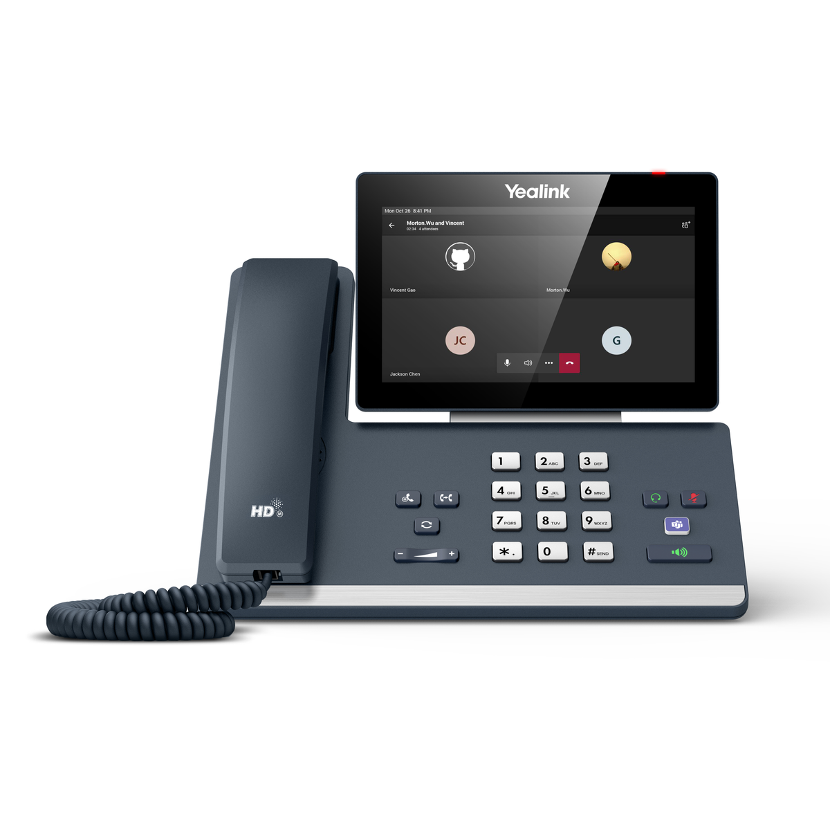 Dunkelgraues Yealink-Telefon mit Bildschirm, der einen Videoanruf zeigt. Es hat Tasten und einen Hörer.