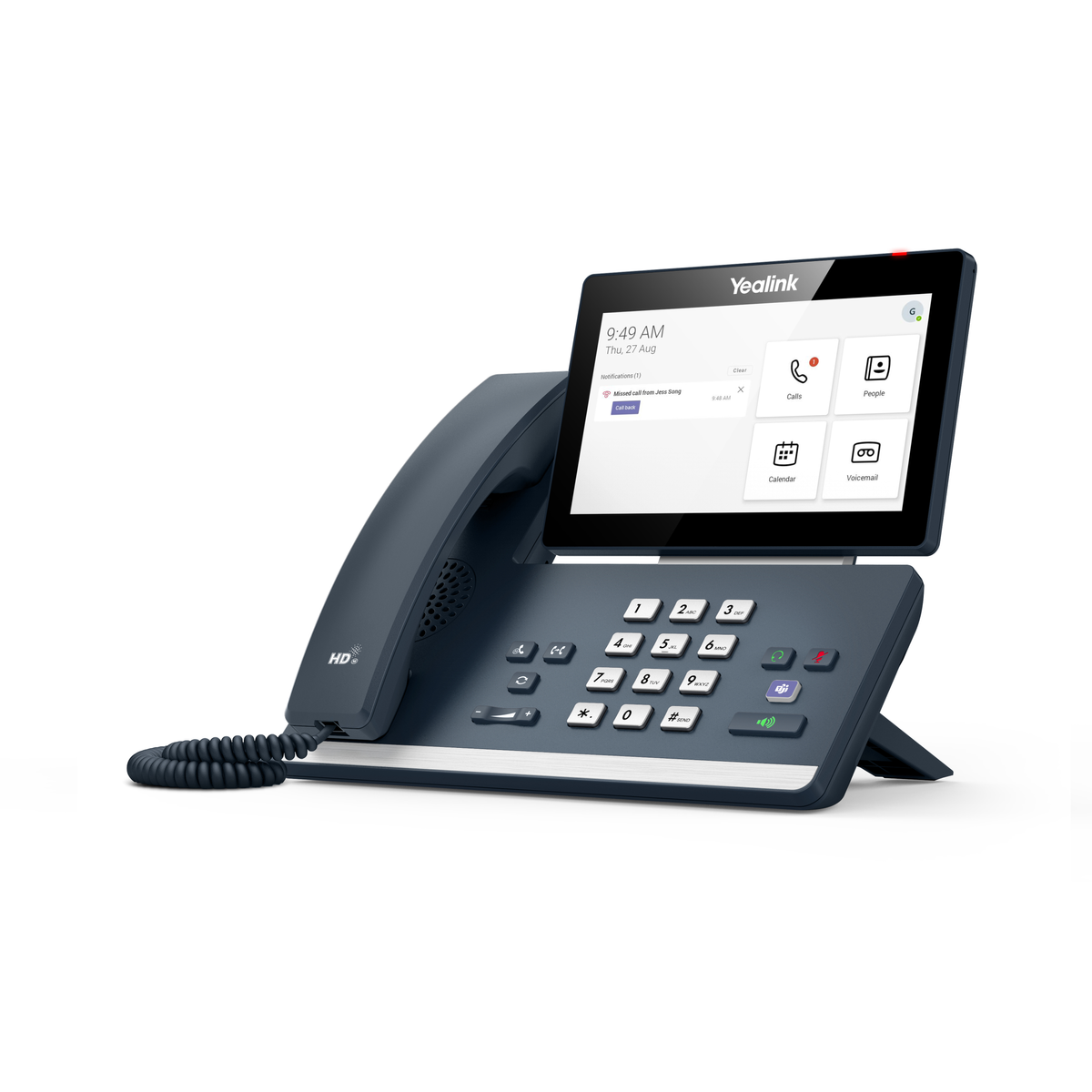 Ein dunkelblaues Tischtelefon mit Touchscreen, der Zeit, Datum und Anrufoptionen anzeigt.