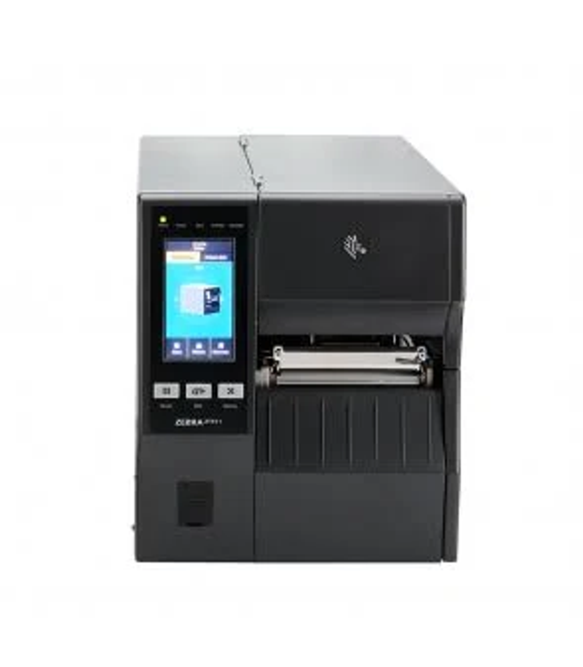 Schwarz-grauer Drucker mit Touchscreen-Display. Die Marke ist 'Zebra'.