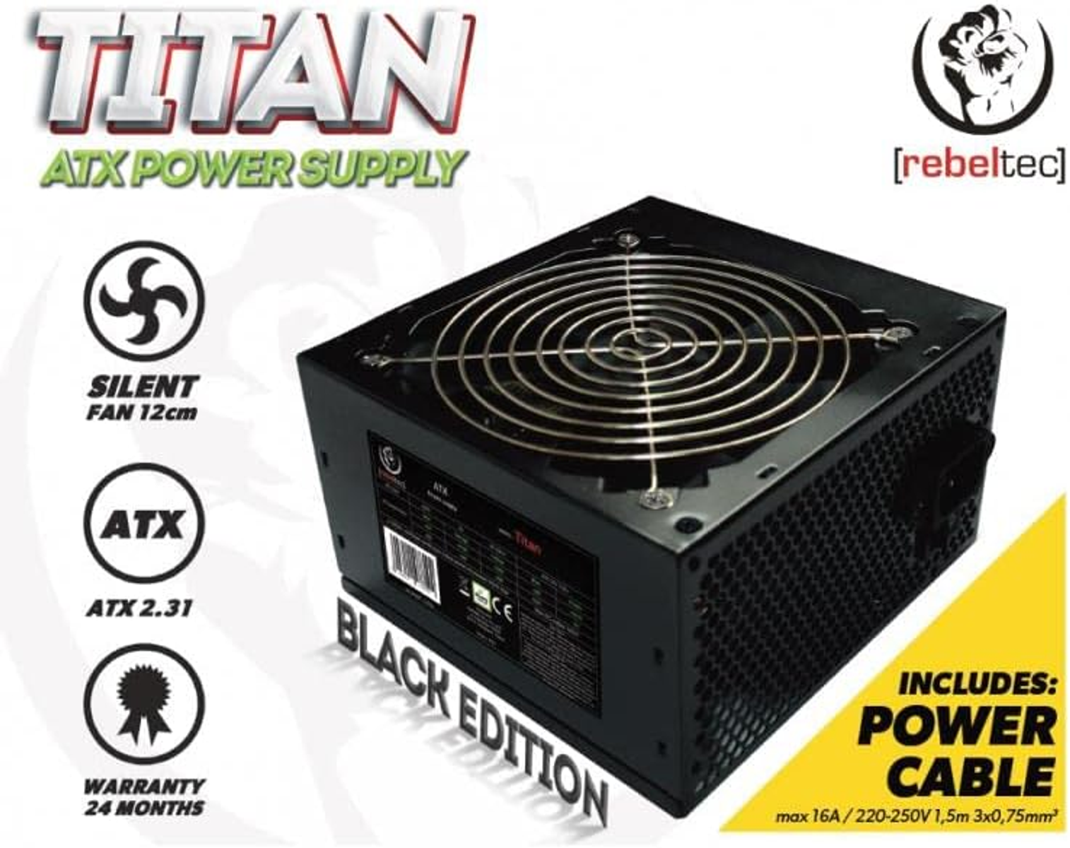 Alimentatore ATX Titan nero con ventola. Include cavo di alimentazione. Black Edition con informazioni sulla garanzia.