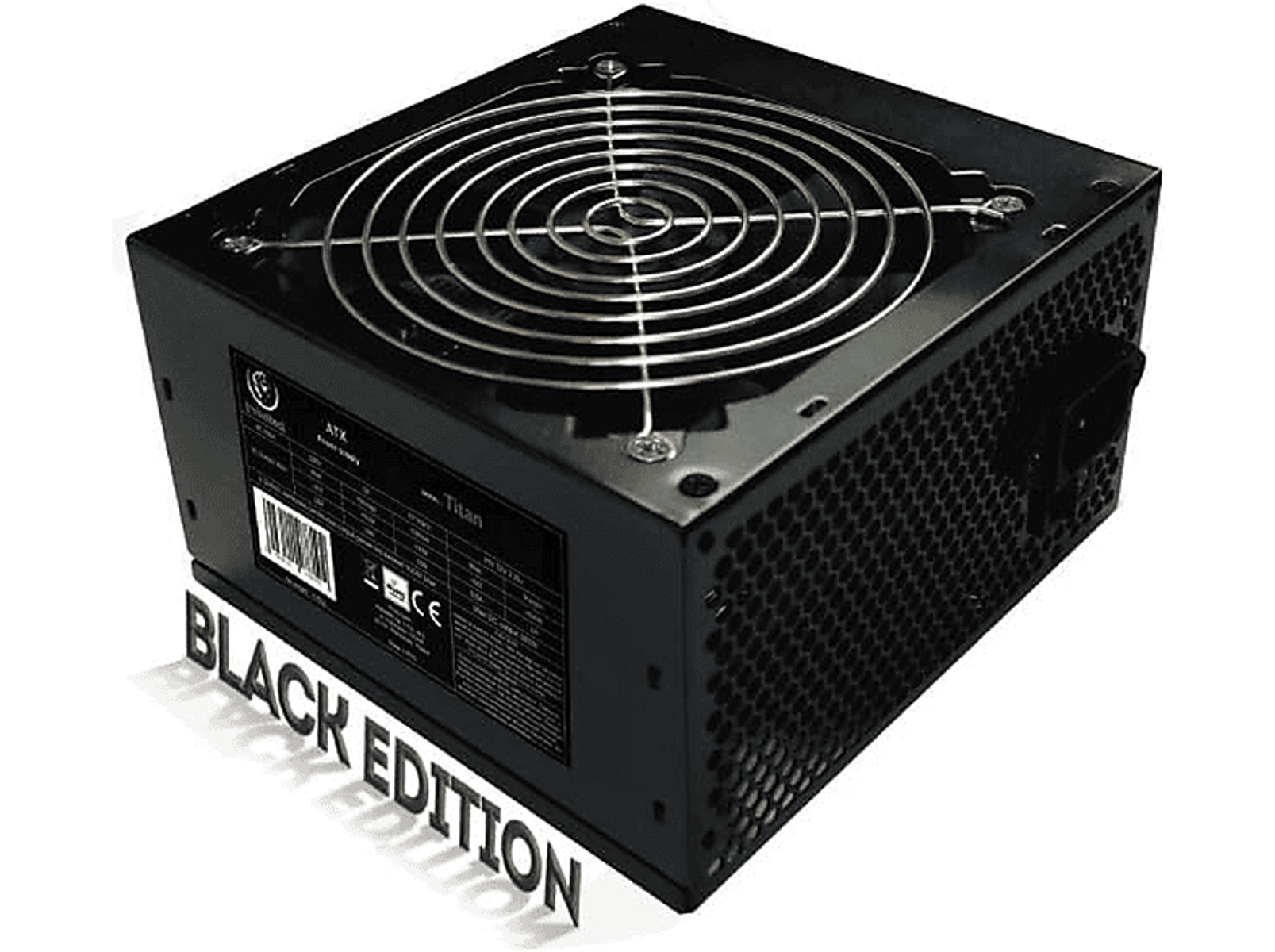 Alimentatore per computer nero con ventola e la scritta 'BLACK EDITION'.